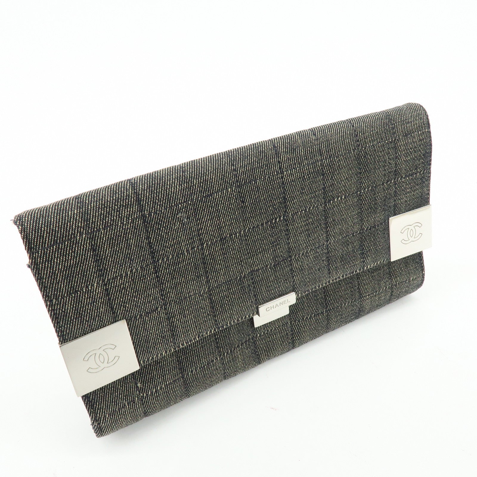 CHANEL Chocolate Bar COCO Mark Denim Clutch Bag Black