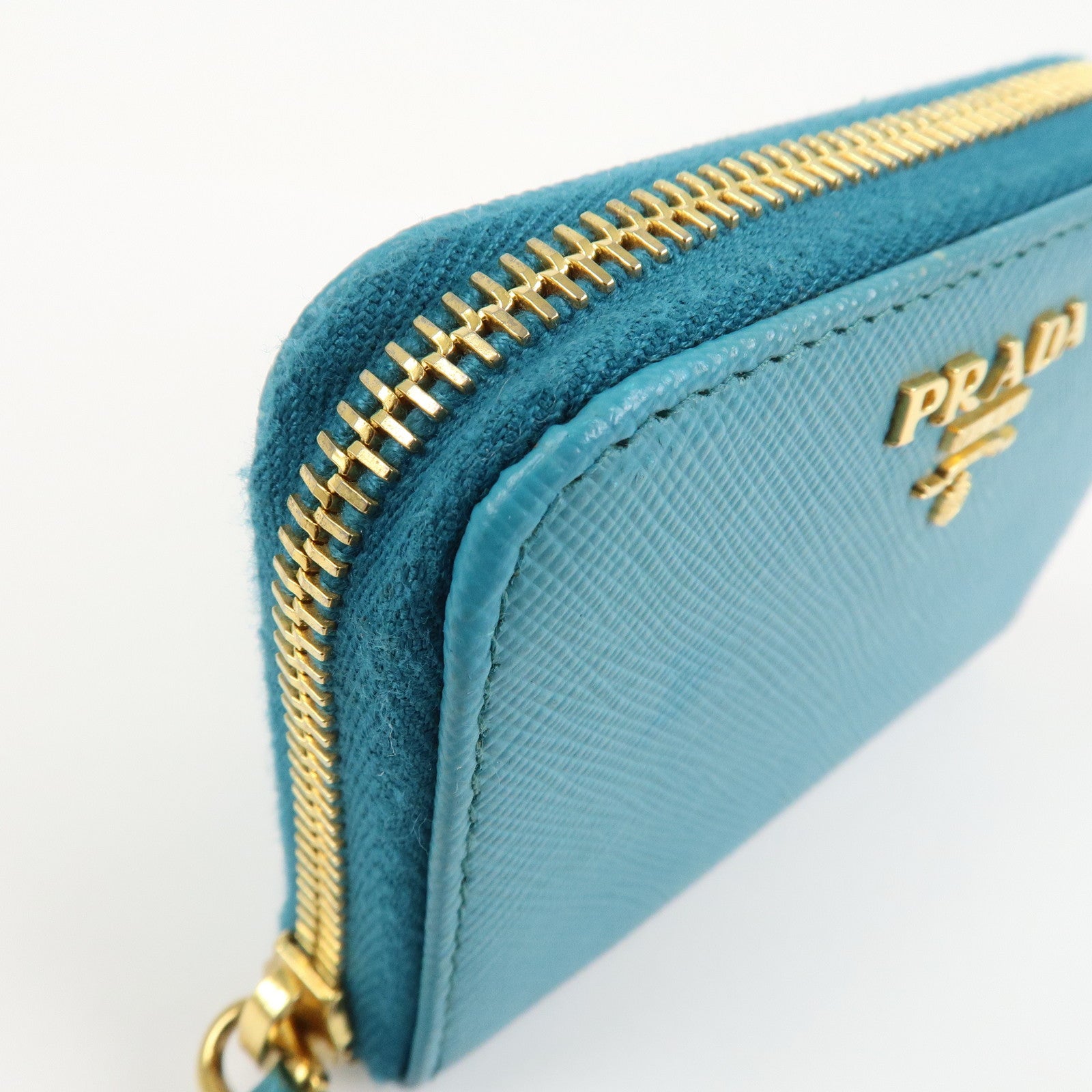 PRADA Logo Saffiano Leather Round Zippy Small Wallet Blue 1MM268 Used