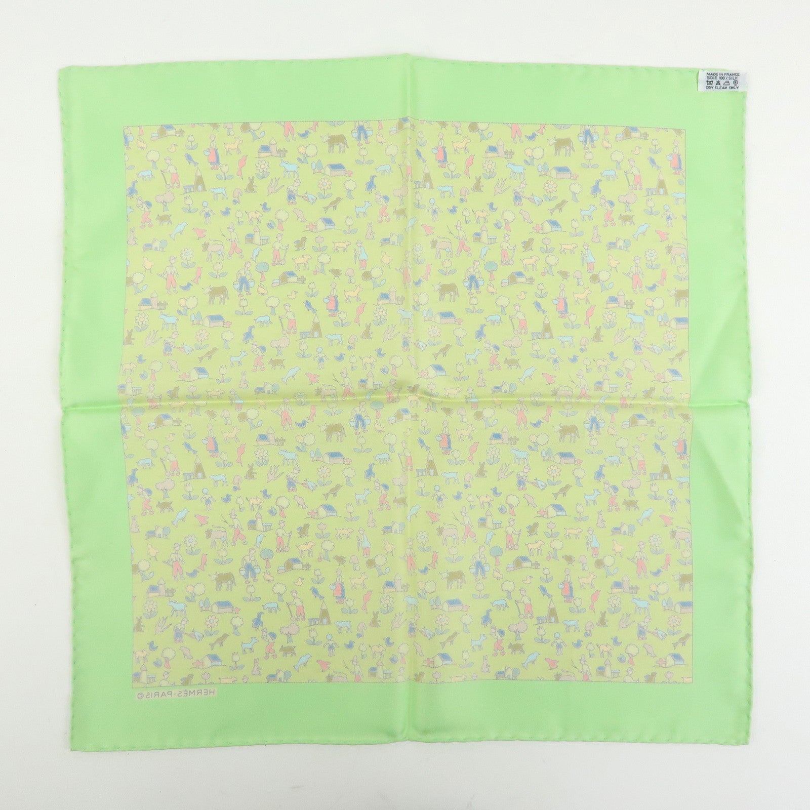 HERMES Petit Carre 40 Silk 100% Mini Scarf Farm Motif Green Yellow