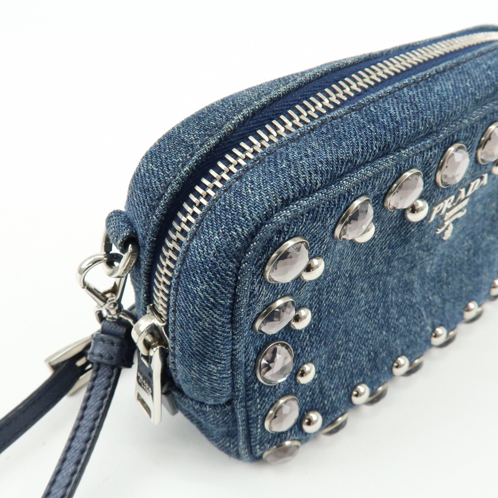 PRADA Logo Denim Shoulder Bag Crossbody Bag Rhinestone Blue