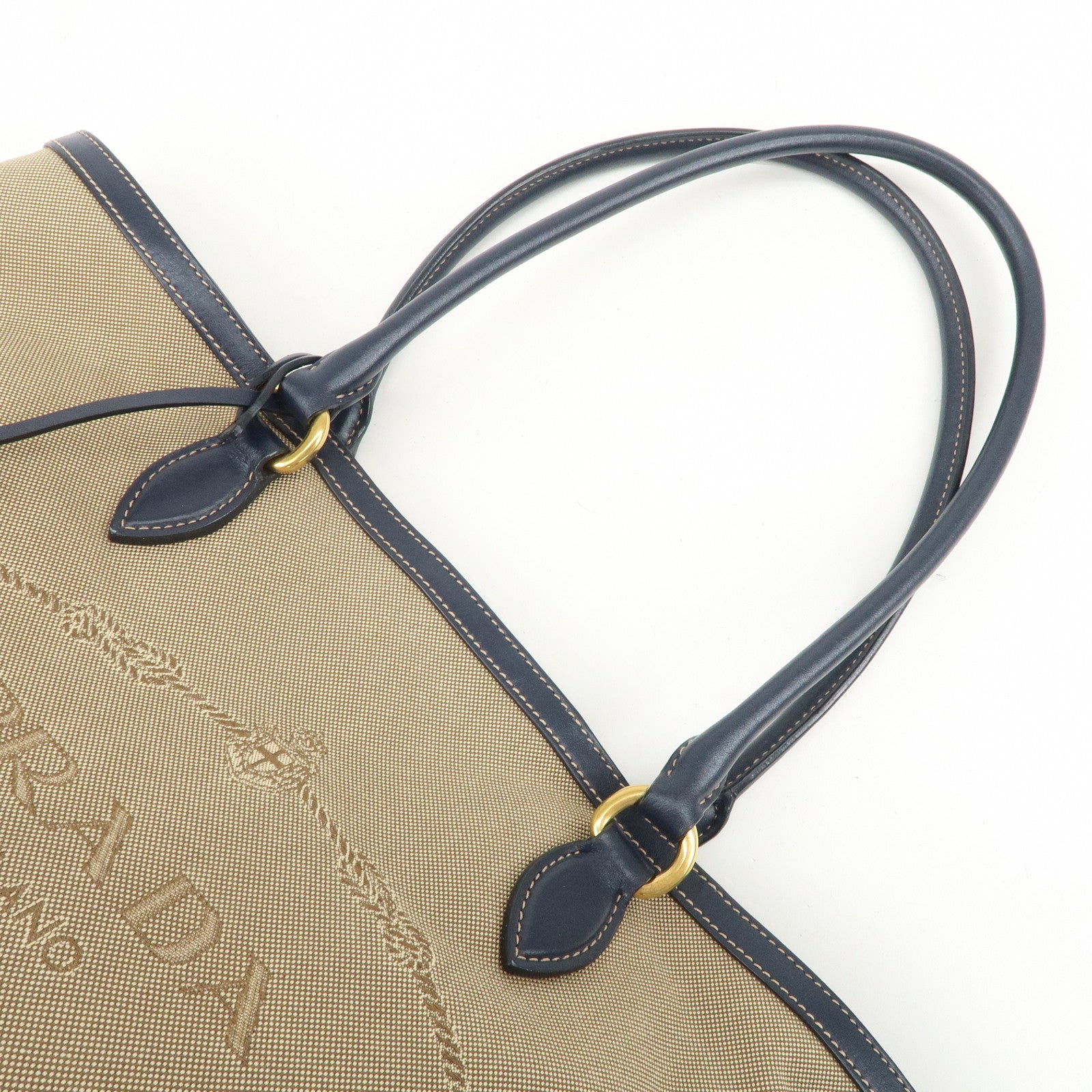 PRADA Logo Jacquard Leather Tote Bag Shoulder Bag Beige 1BG158