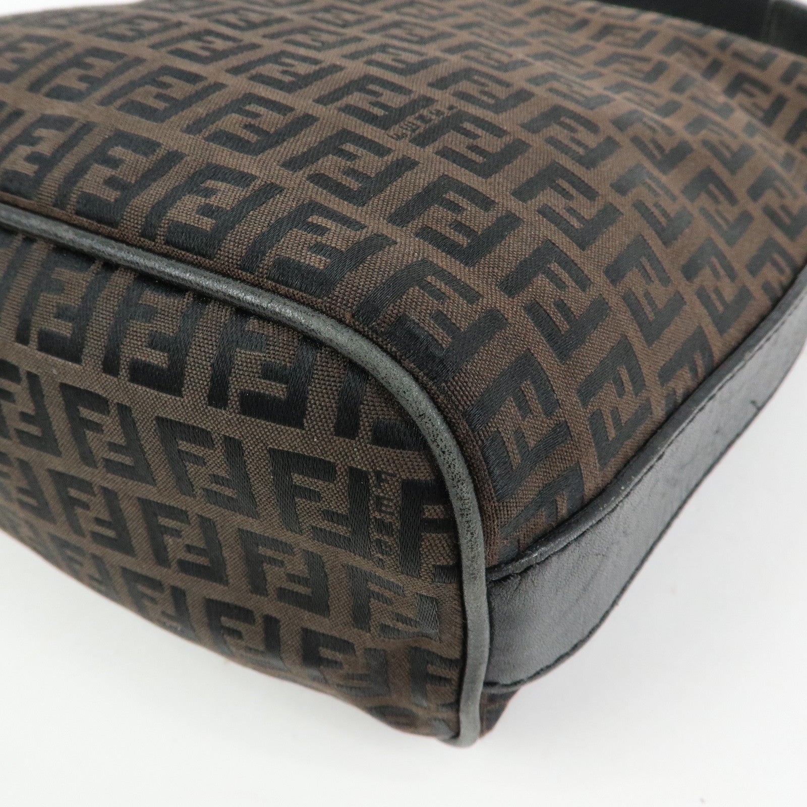 FENDI Zucchino Canvas Leather Shoulder Bag Brown Black 7VA004