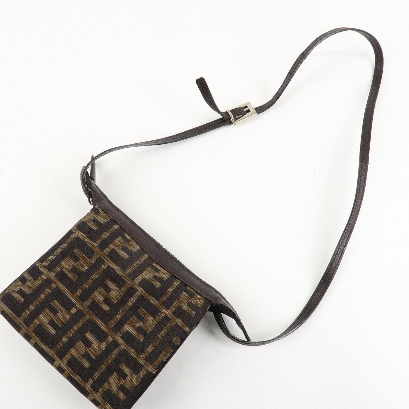 FENDI Zucca Canvas Leather Shoulder Bag Black Brown Silver HDW Used