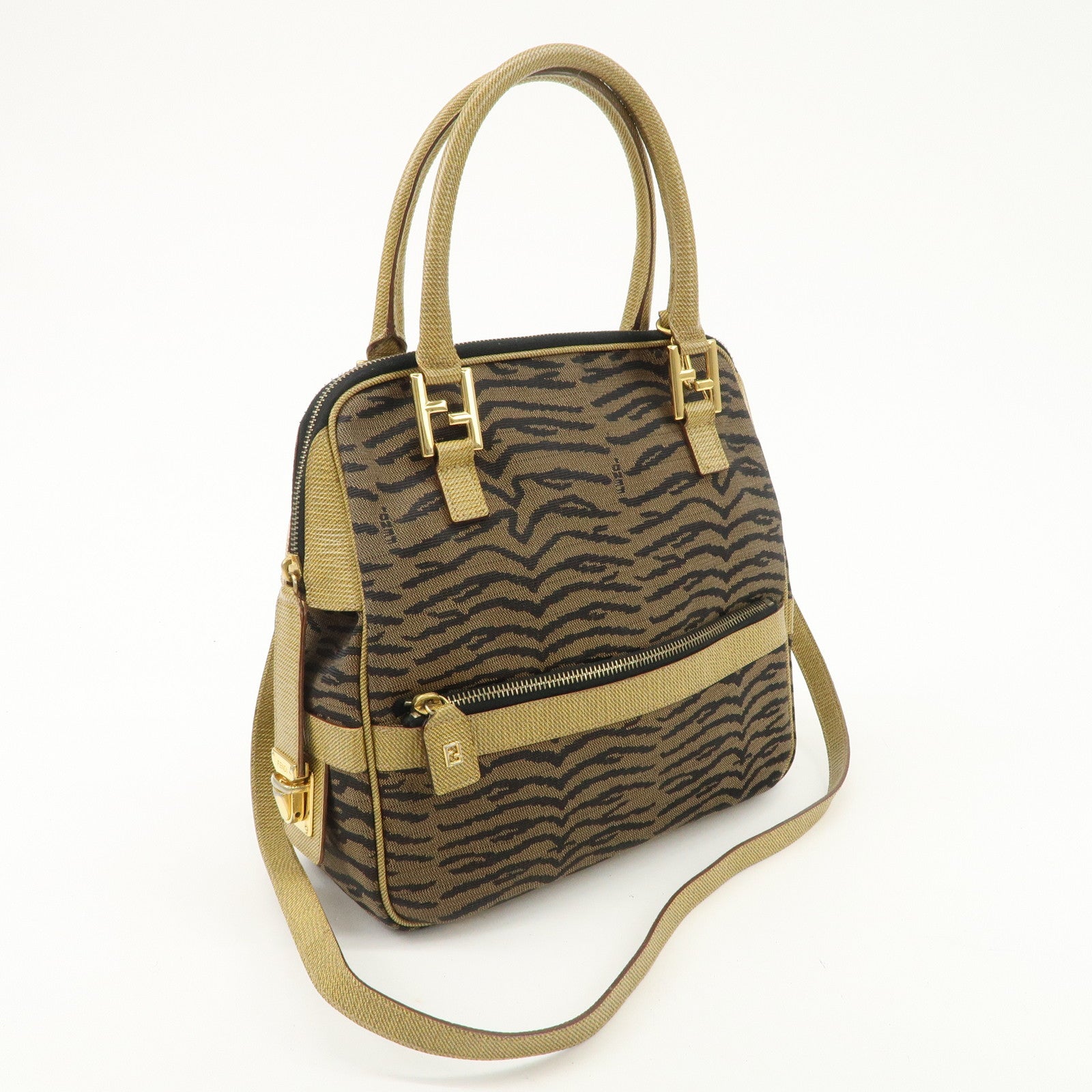 FENDI Leather Canvas 2Way Bag Hand Bag Zebra Print Black Brown Used