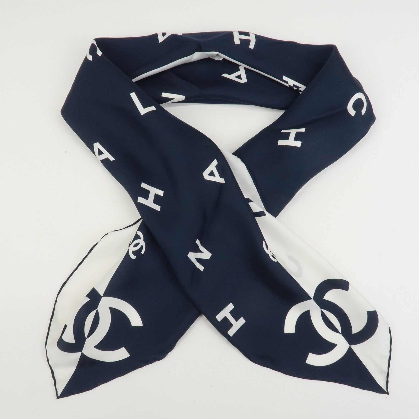 CHANEL COCO Mark Silk 100% Scarf White Navy