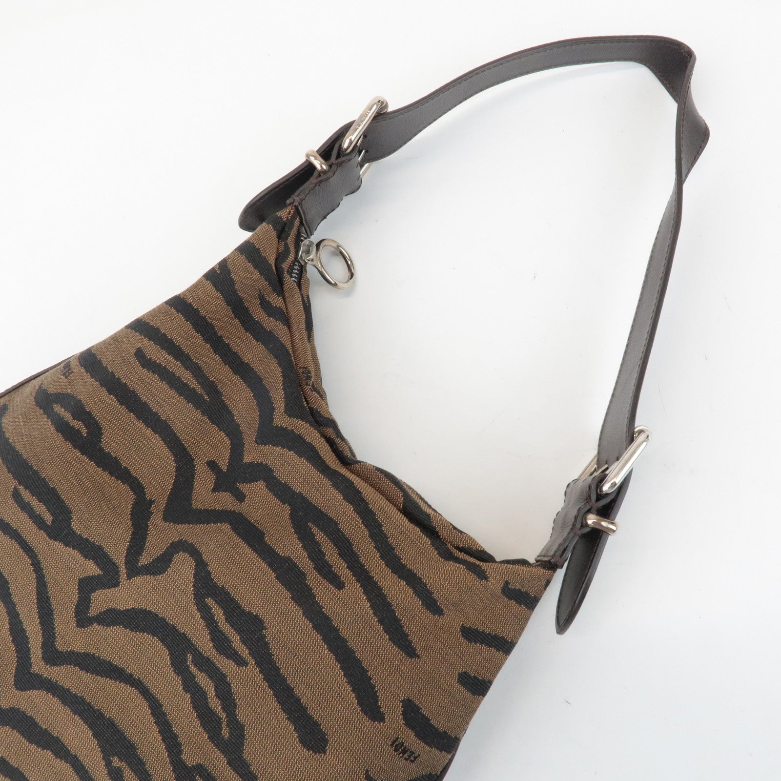 FENDI Zebra Leather Canvas Shoulder Bag Hand Bag Black Brown Used