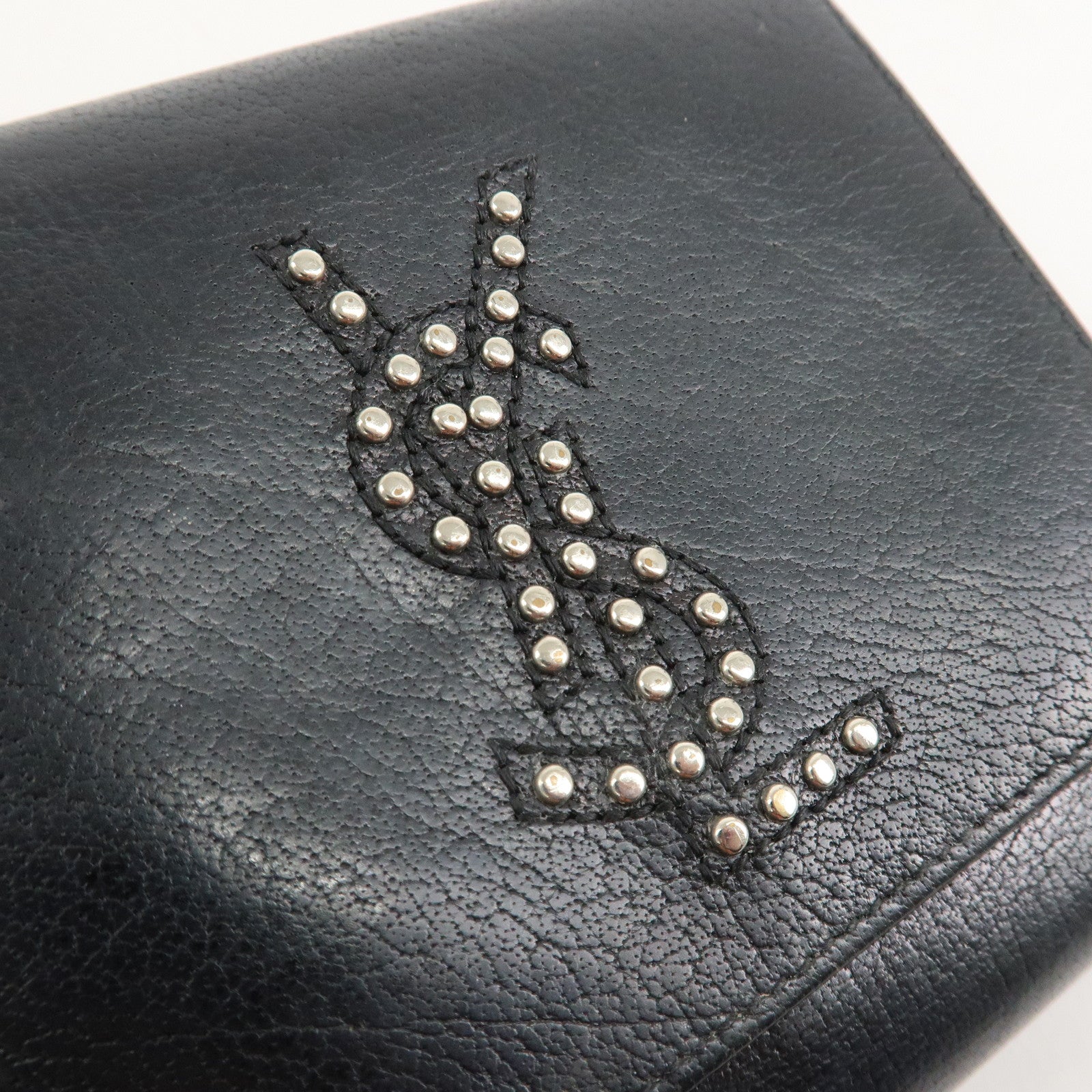 SAINT LAURENT Studs Leather Bi-fold Compact Wallet Black Used