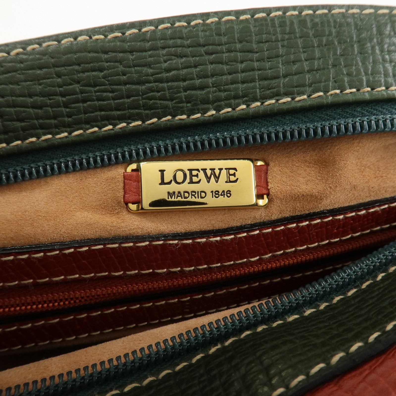 LOEWE Embossed Leather Shoulder Bag Hand Bag Green Red Brown