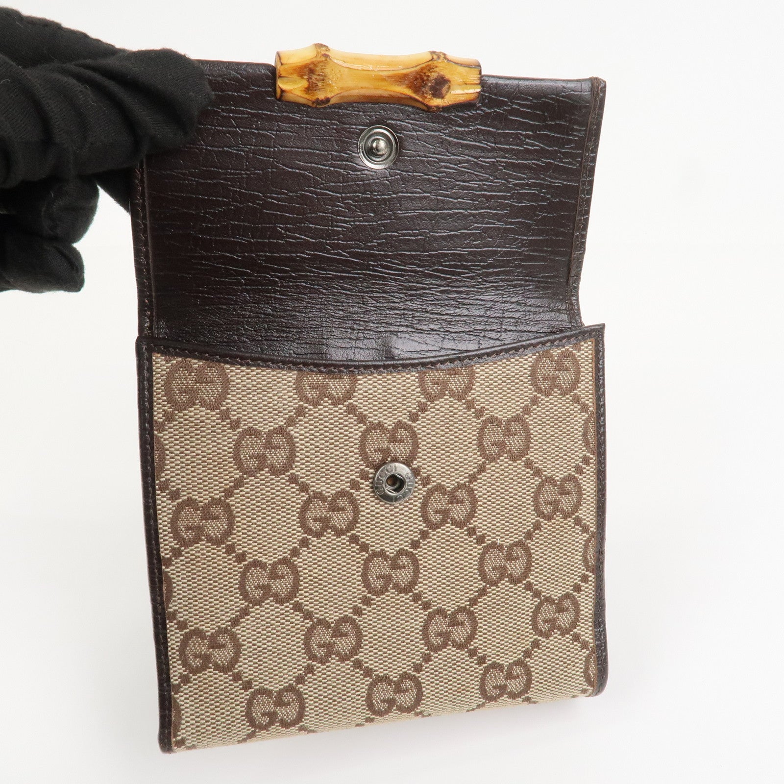 GUCCI Bamboo GG Canvas Leather W Hook Compact Wallet Beige 112521