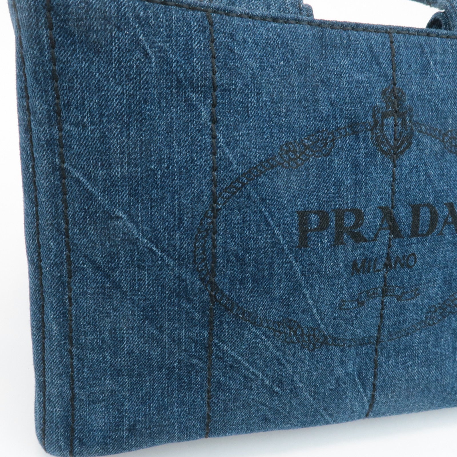 PRADA Triangle Logo Canapa Canvas Denim Hand Bag Navy B1877B Used