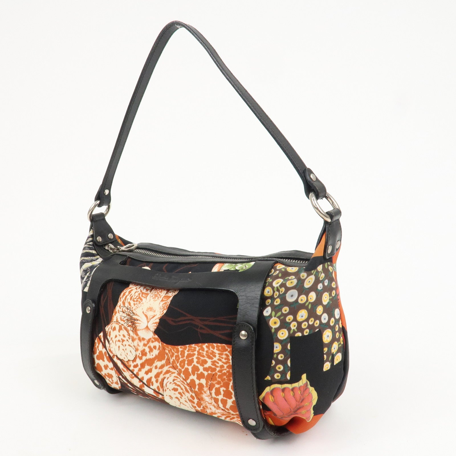 Ferragamo Nylon Leather Mini Hand Bag Shoulder Bag Animal Black