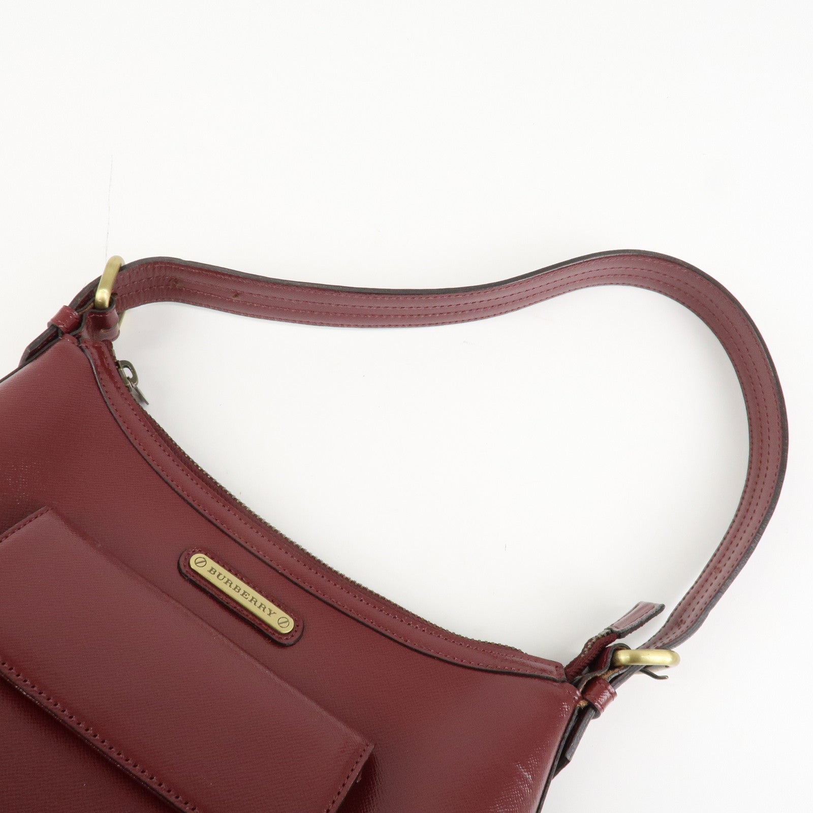 BURBERRY Logo Leather Shoulder Bag Hand Bag Bordeaux Gold Hardware Used