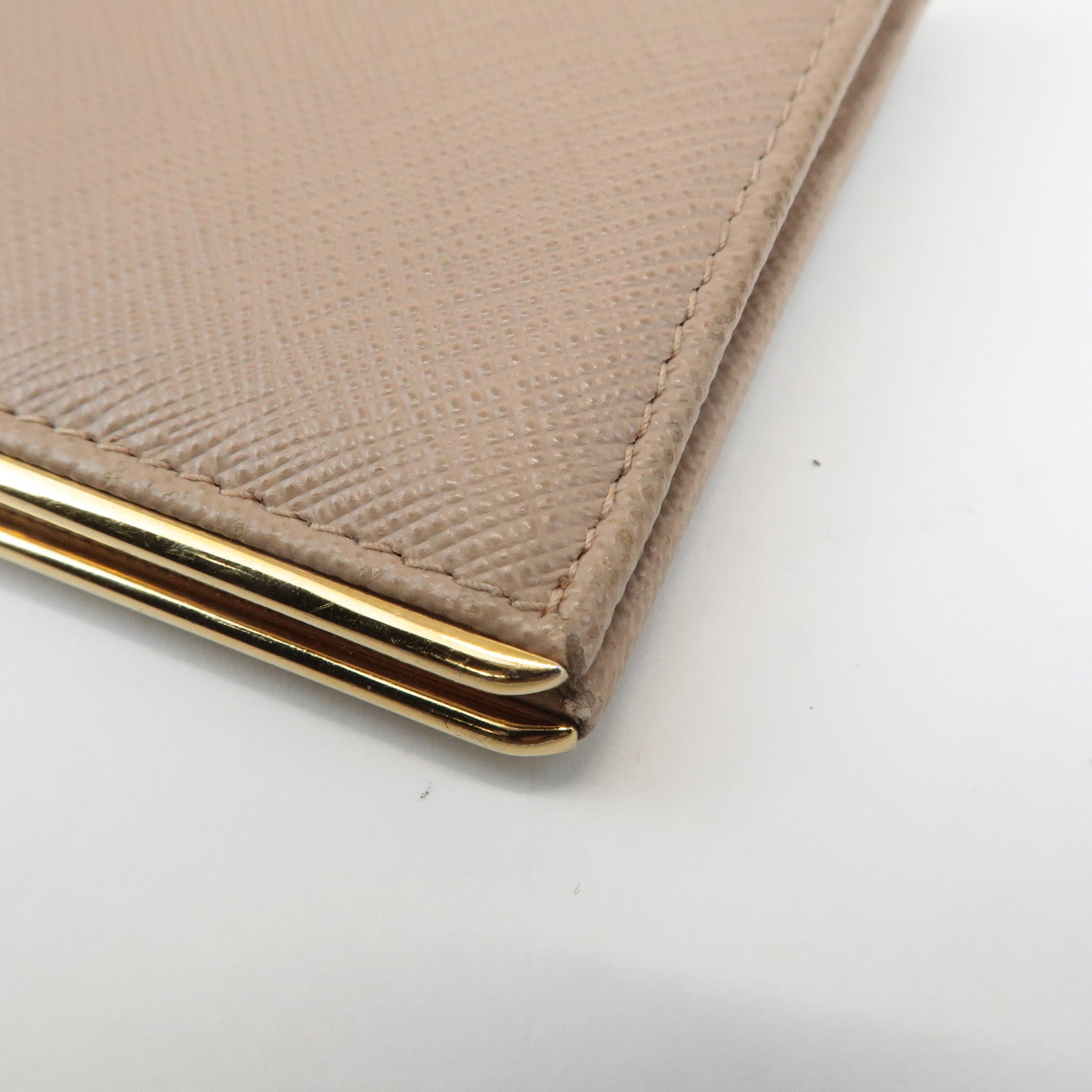 PRADA Logo Saffiano Leather Bi-Fold Small Wallet Beige 1MV204 Used