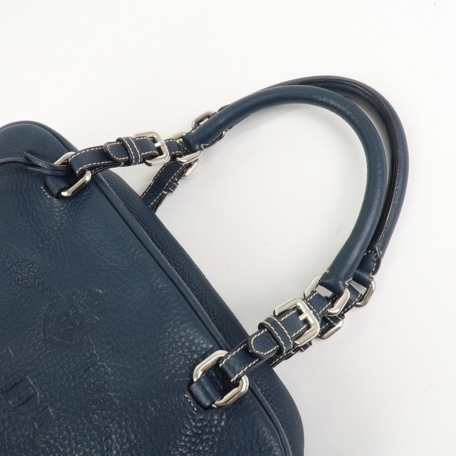 PRADA Logo Leather Boston Bag Hand Bag Navy BR3091