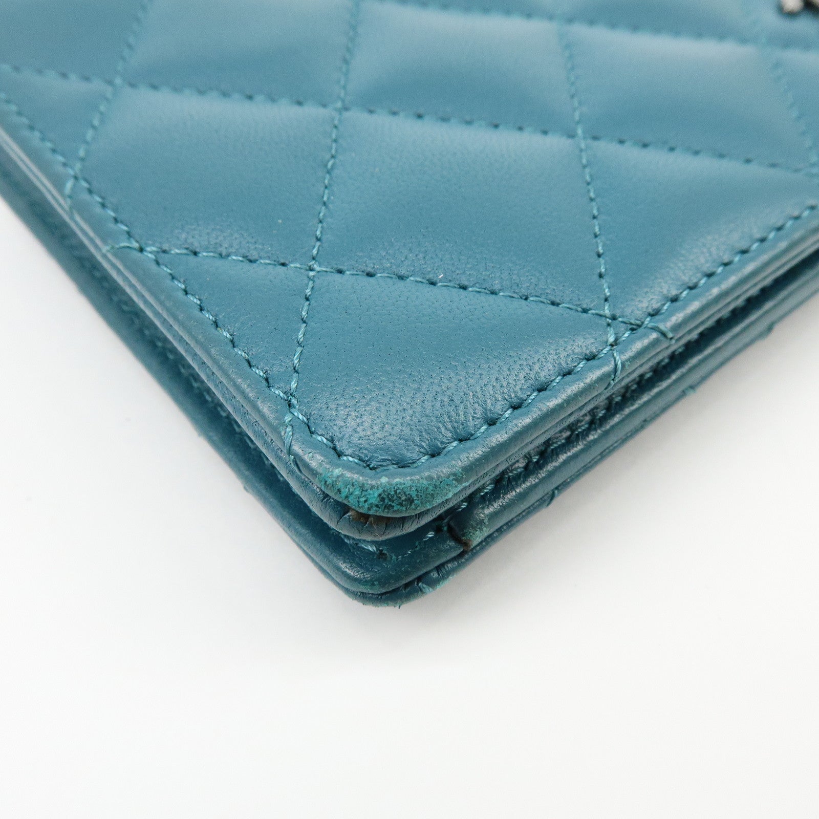 CHANEL COCO Mark Matelasse Lamb Skin Bi-fold Flap Long Wallet Blue