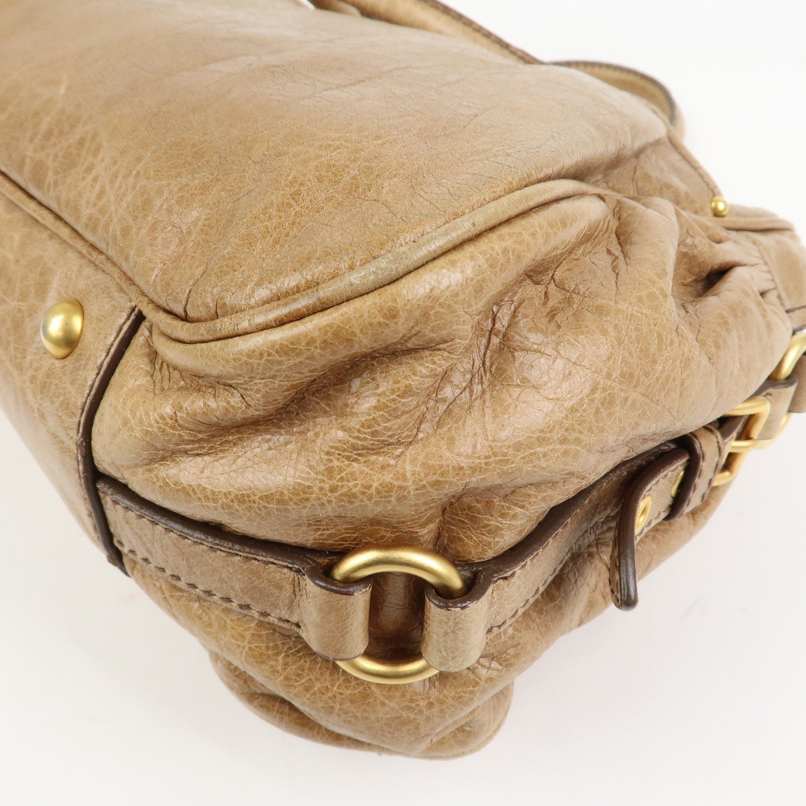 MIU MIU Logo Leather Hand Bag Boston Bag Light Brown