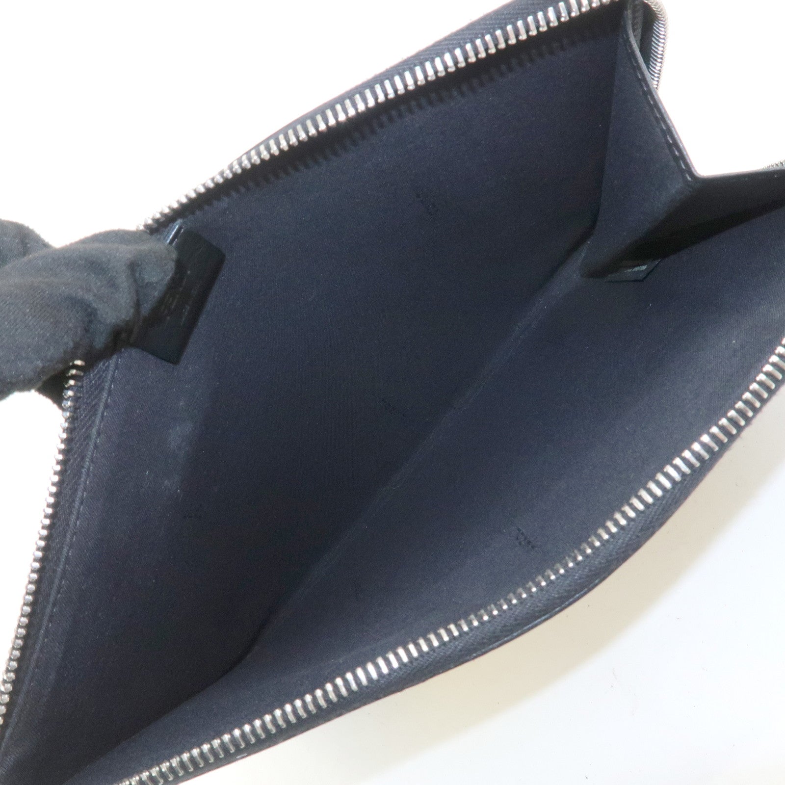 FENDI Leather Wool Apple Motif Clutch Bag Pouch Black 8M0363
