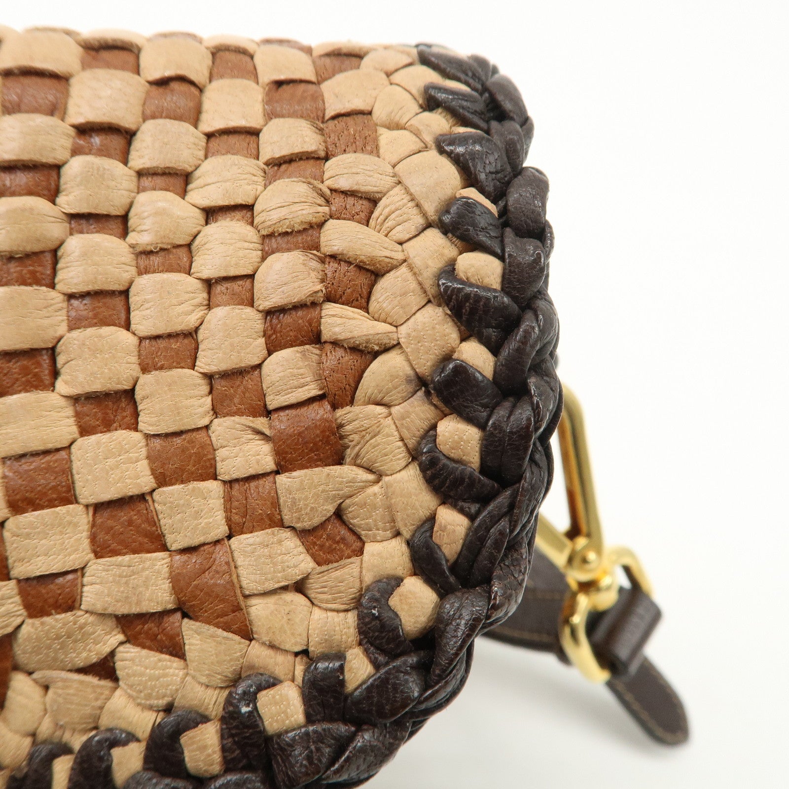 PRADA Madras Leather Shoulder bag Beige Brown BT781V Used