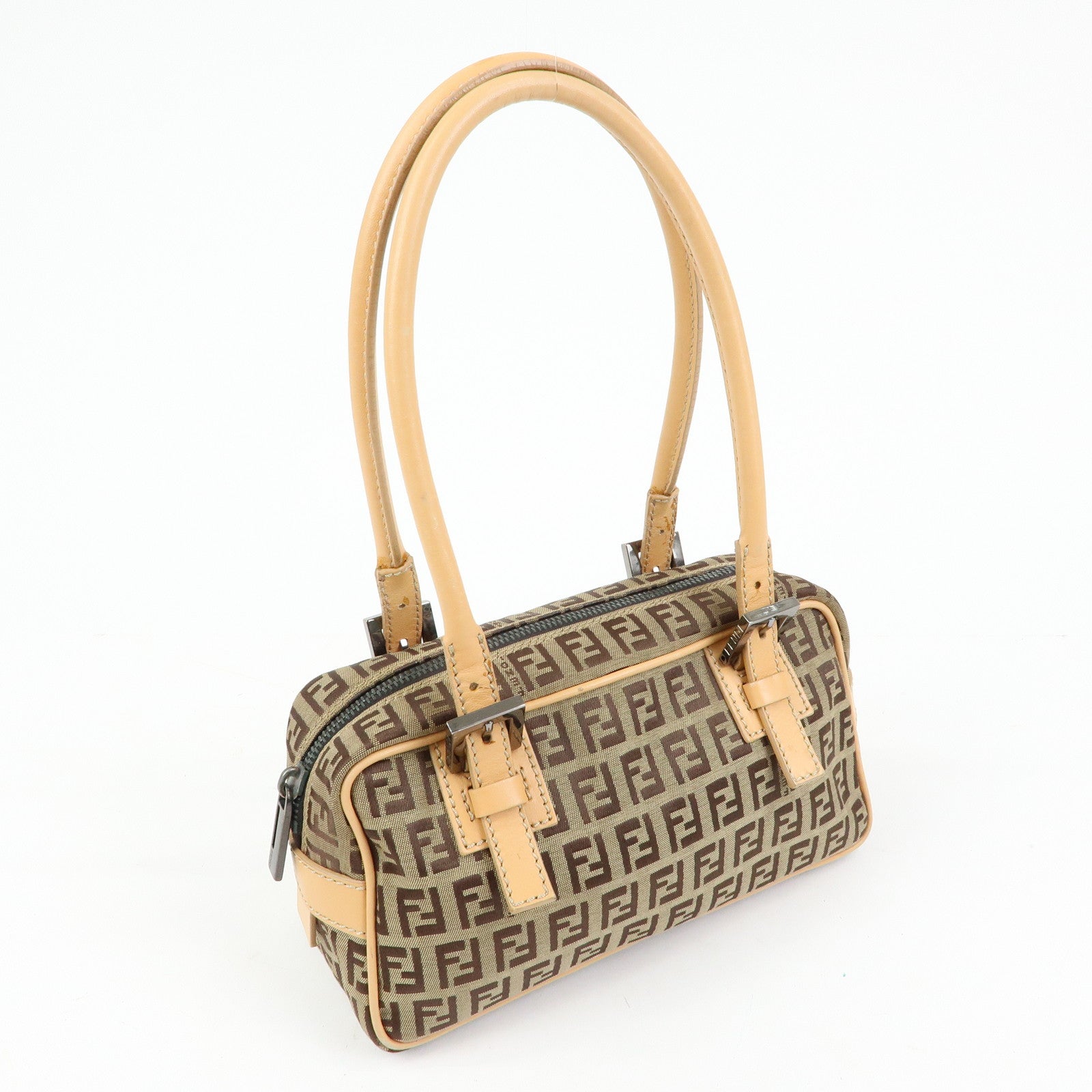 FENDI Zucchino Canvas Leather Small Boston Hand Bag Brown 8BN004