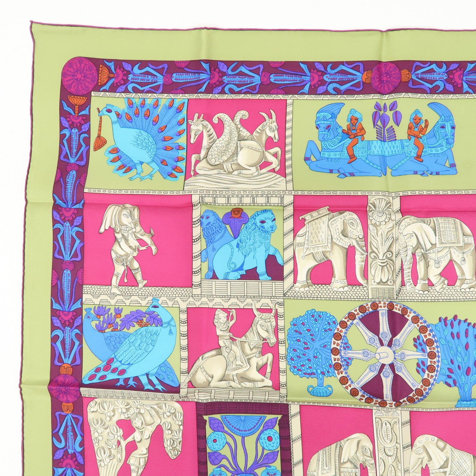 HERMES Carre 90 Silk 100% Scarf TORANA Pink Blue Green Used