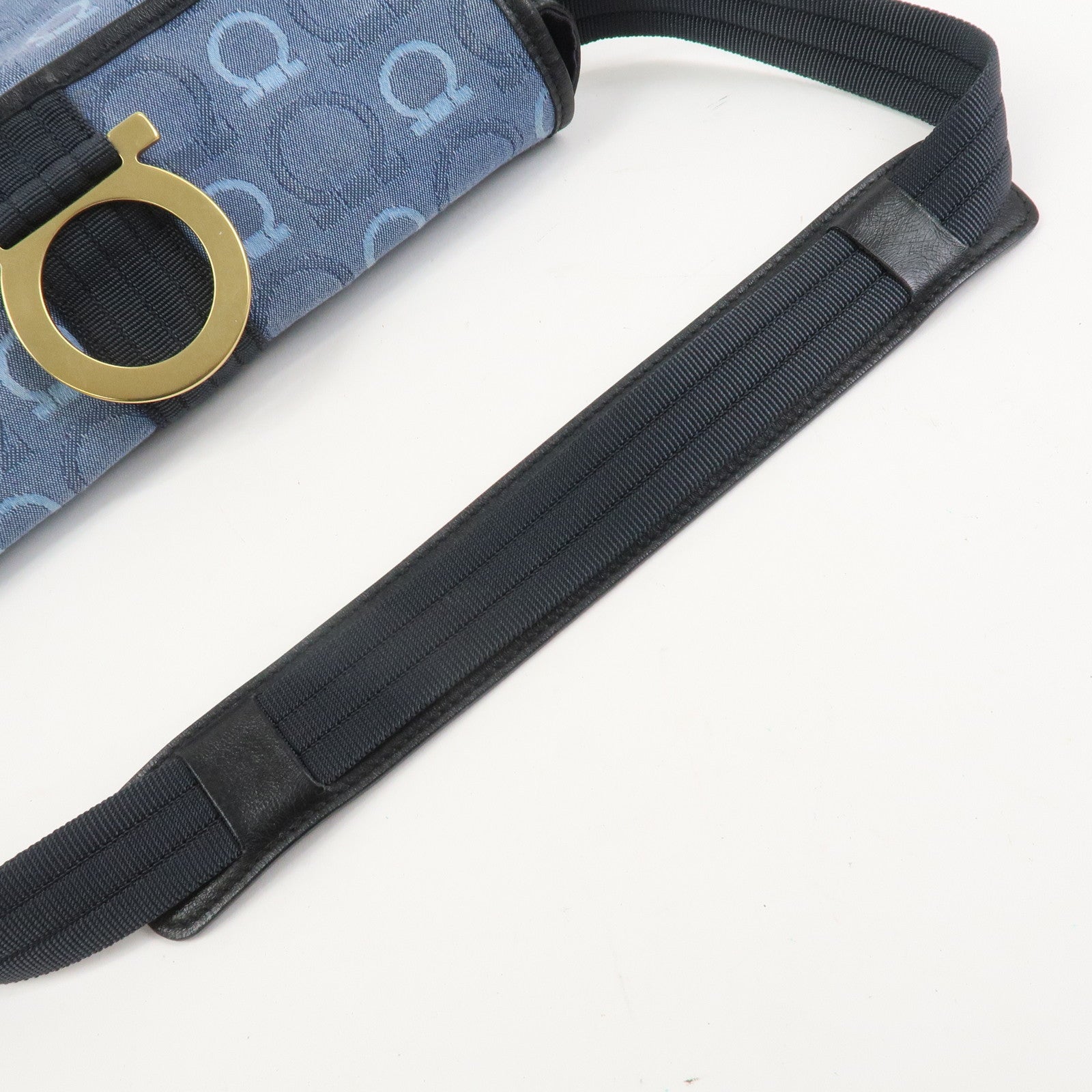 Ferragamo Gancini Canvas Leather Shoulder Bag Navy Black