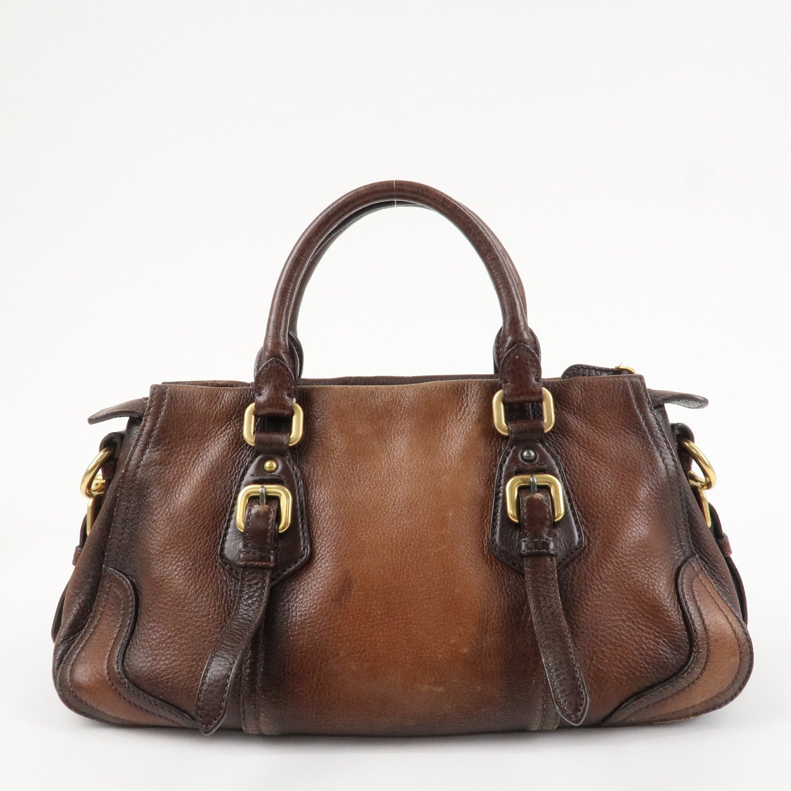 PRADA Logo Leather 2WAY Tote Bag Hand Bag Brown Gold Hardware Used