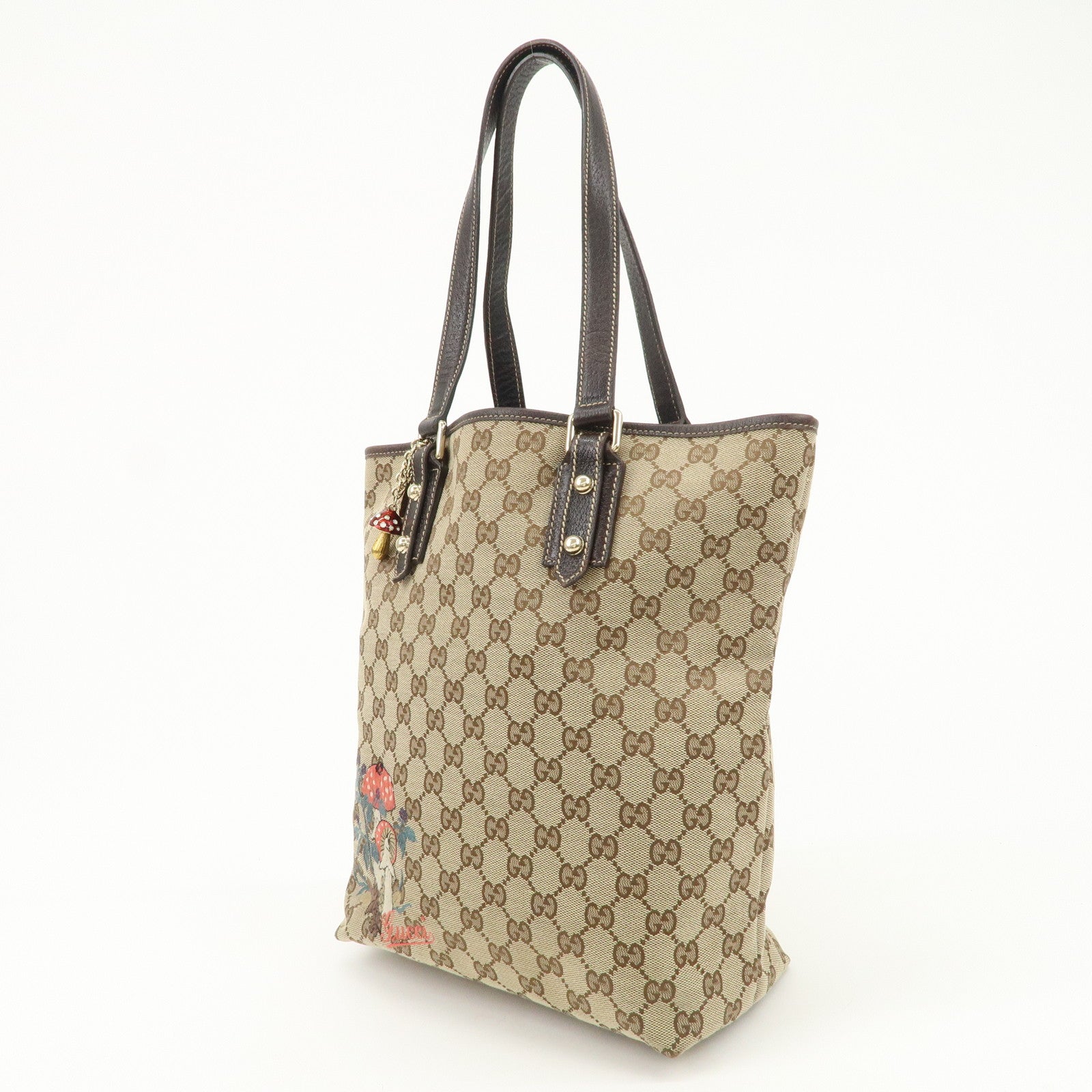 GUCCI GG Monogram Canvas Leather Tote Bag Beige Mushroom 163695