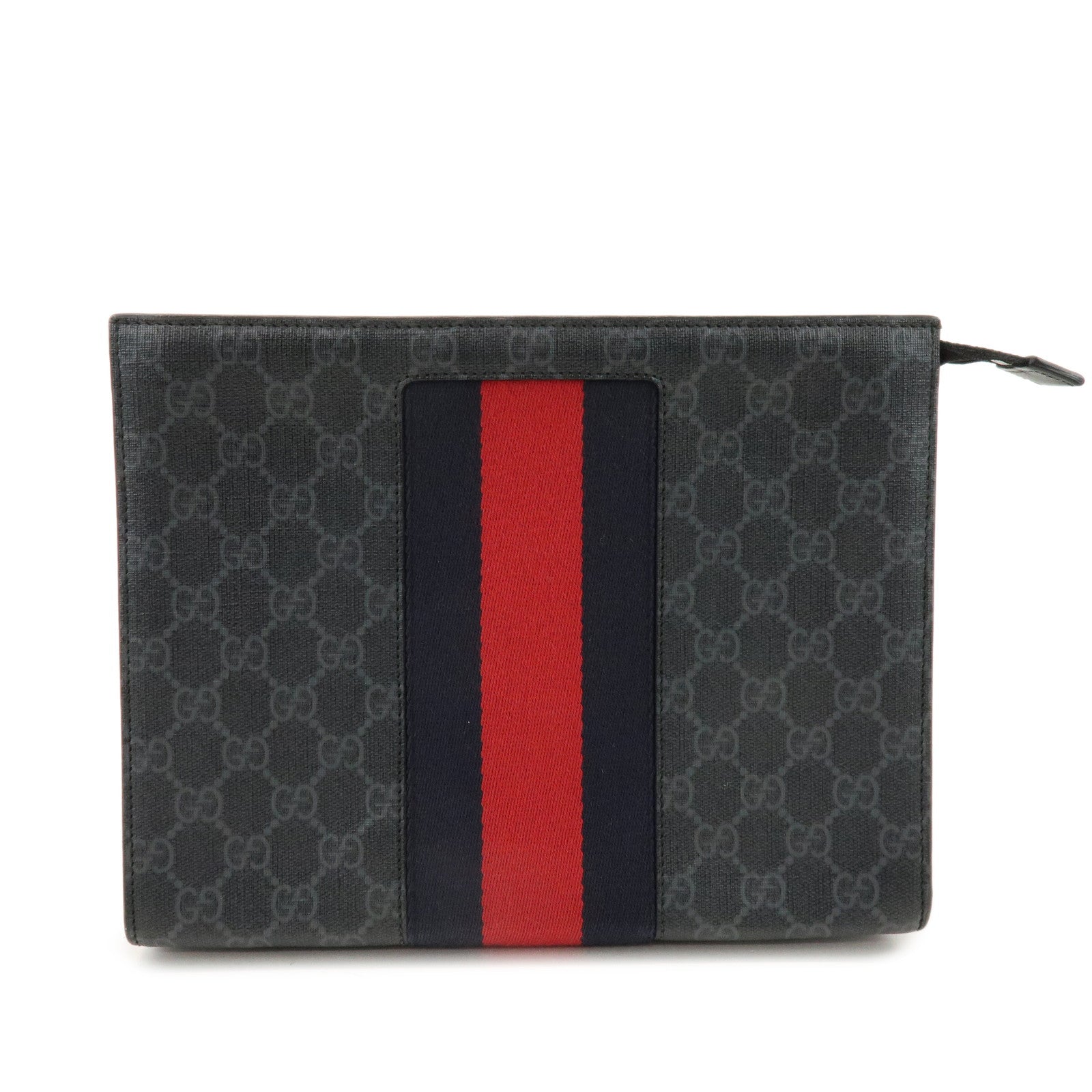 GUCCI Sherry GG Supreme Leather Clutch Bag Pouch Black Red 475316