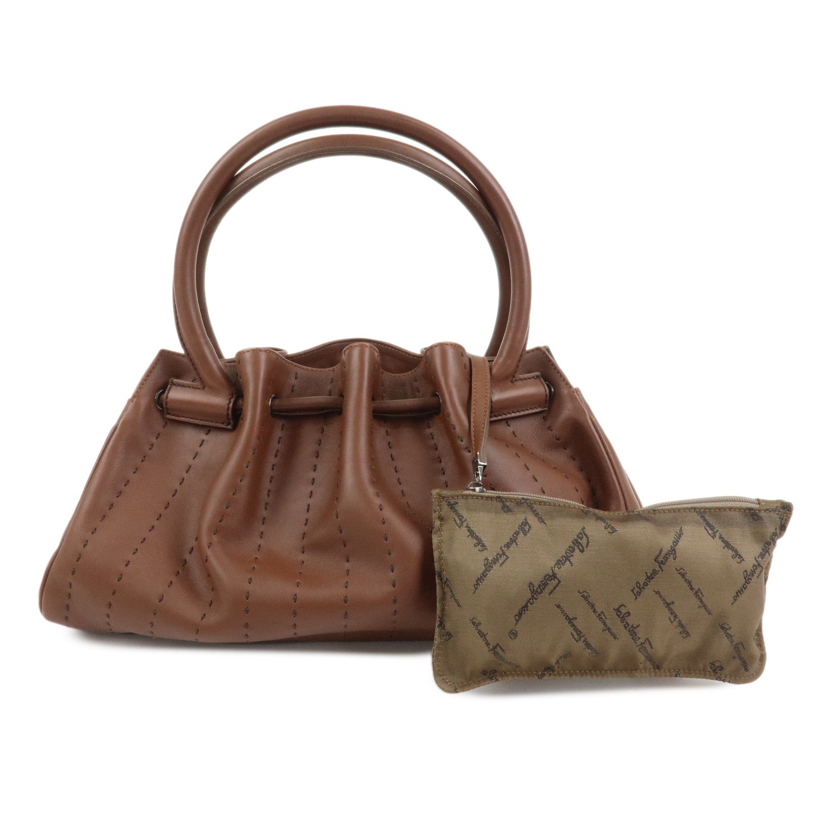 Ferragamo Gancini Leather Stitch Shoulder Bag Hand Bag Brown