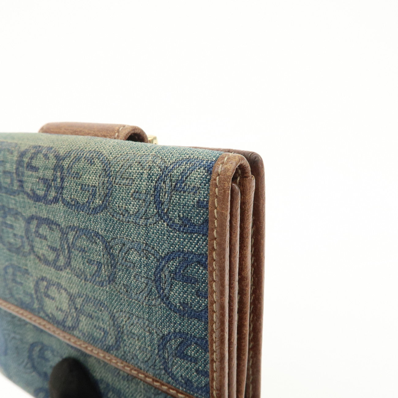 GUCCI Denim Leather Bi-Fold Compact Wallet Blue Brown