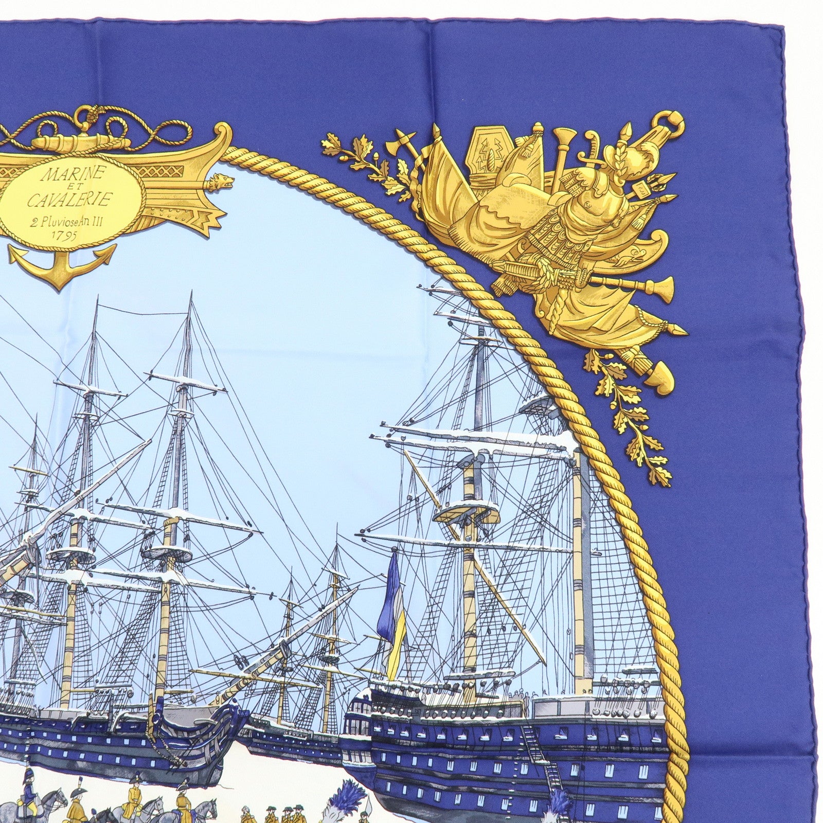 HERMES Carre 90 Silk 100% MARINE ET CAVALERIE Scarf Blue Navy