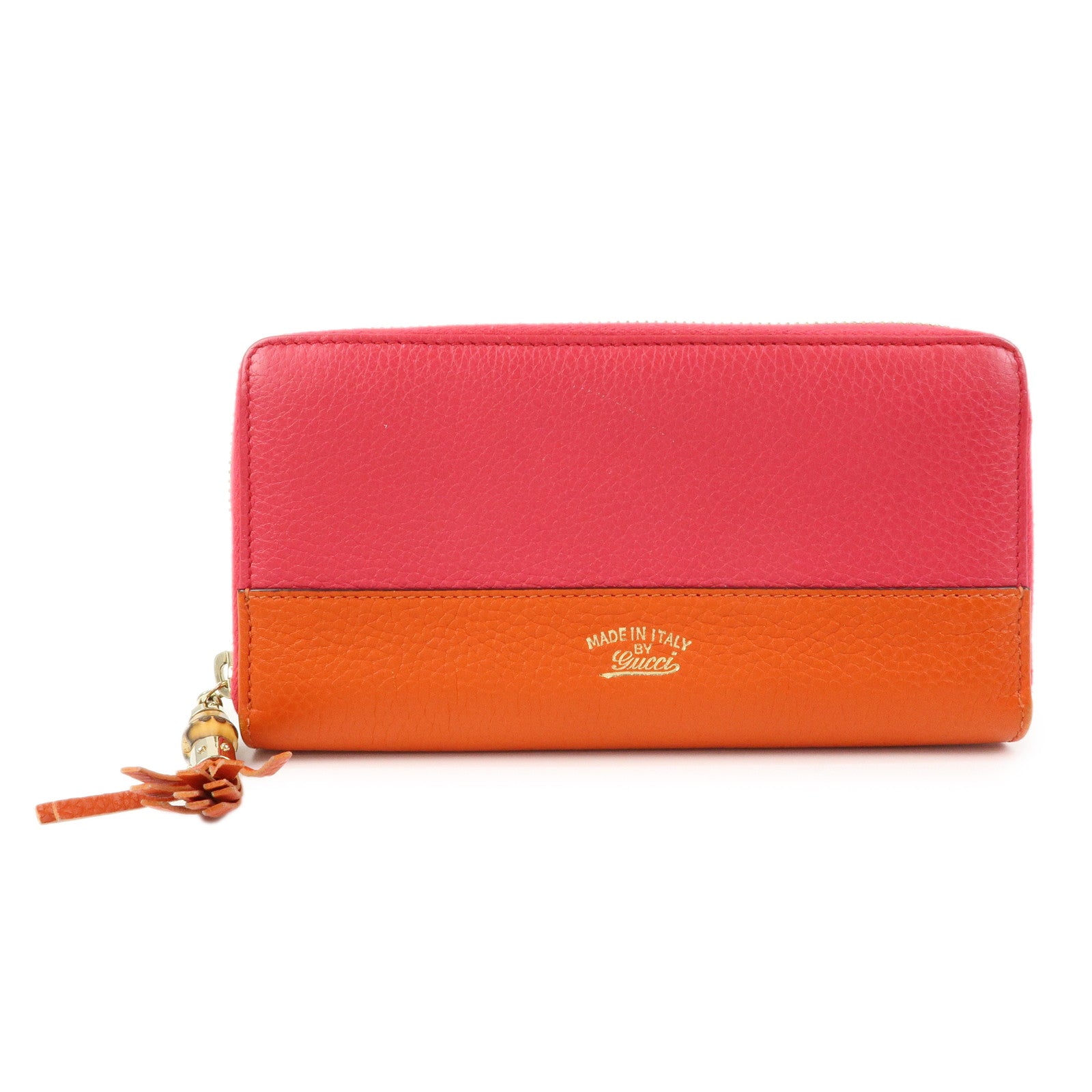 GUCCI Bamboo Leather Round Zippy Long Wallet Pink Orange 307984