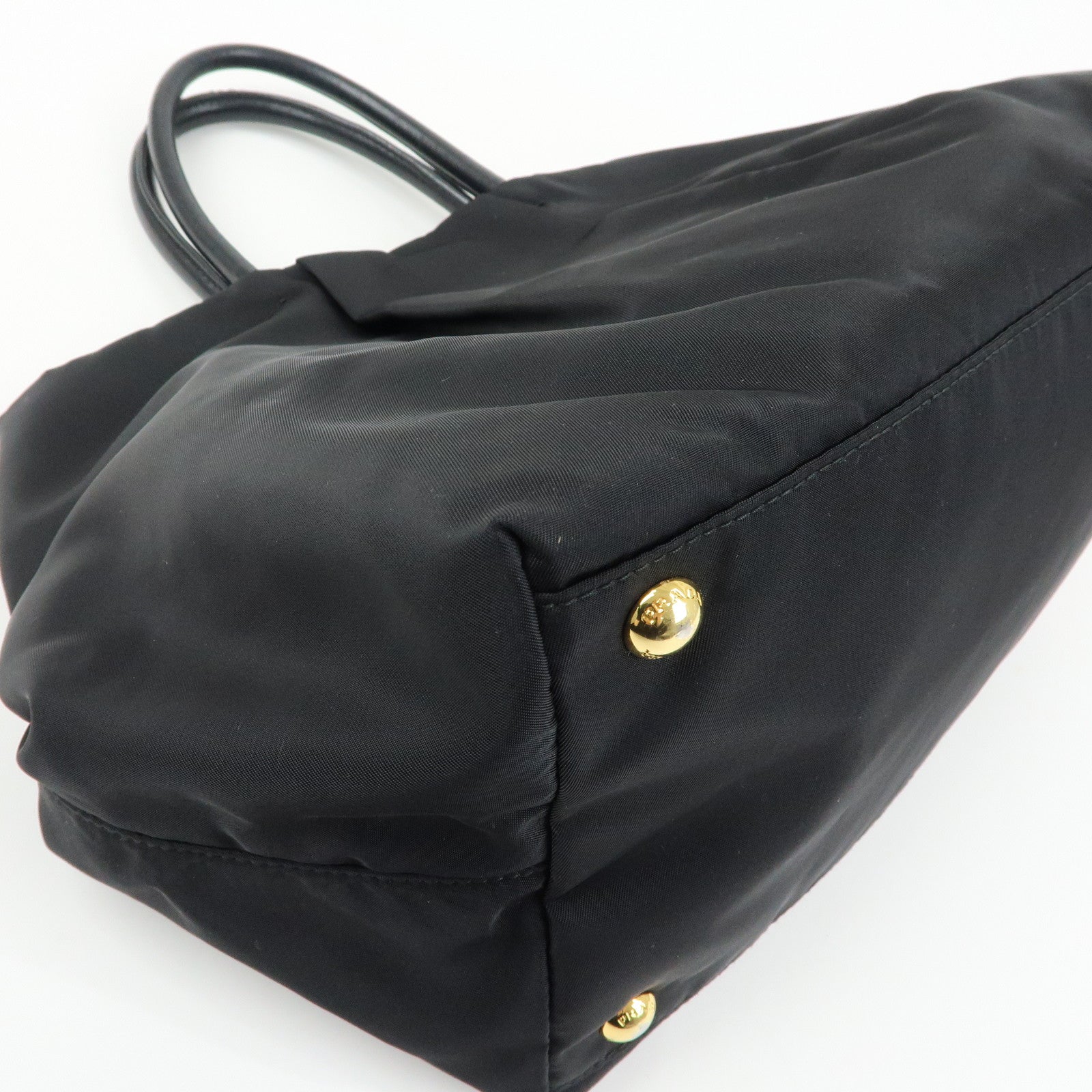 PRADA Ribbon Nylon Leather Hand Bag Tote Bag Black BN1601