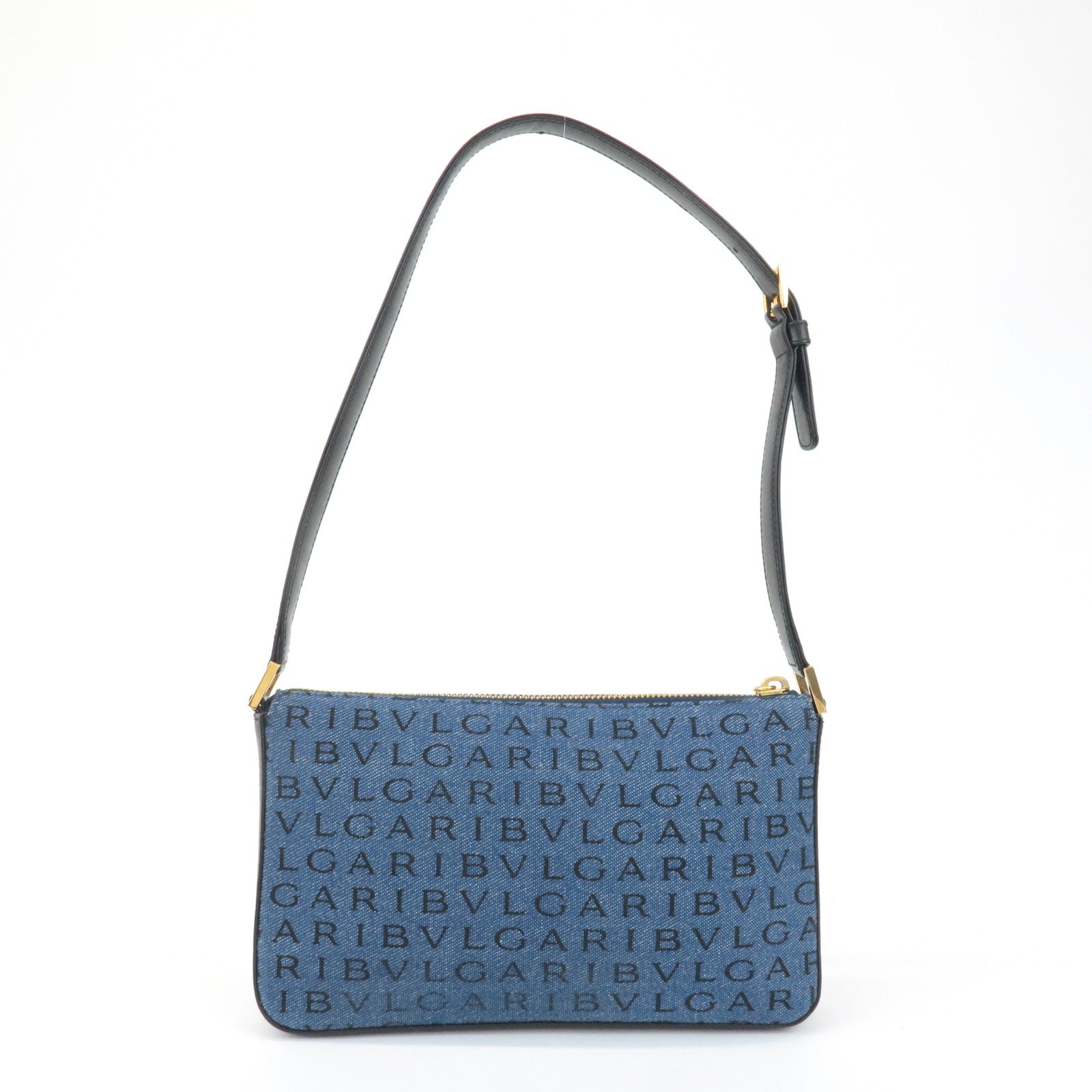 BVLGARI Logo Mania Denim Shoulder Bag Black Navy Blue Used