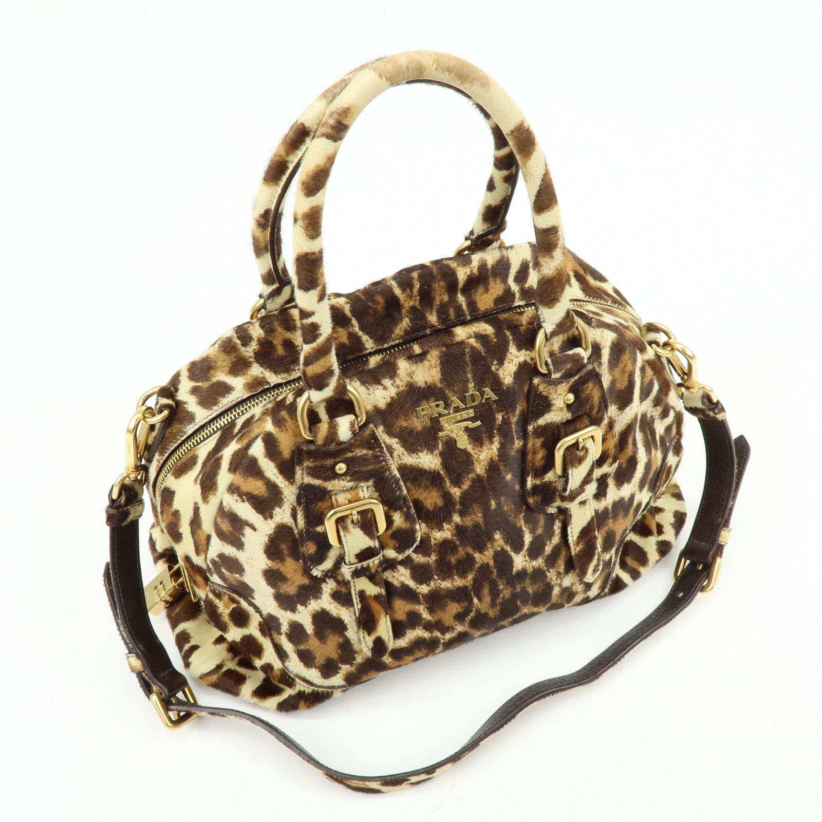 PRADA Pony Hair Leopard 2Way Boston Bag Shoulder Bag Brown BL0429