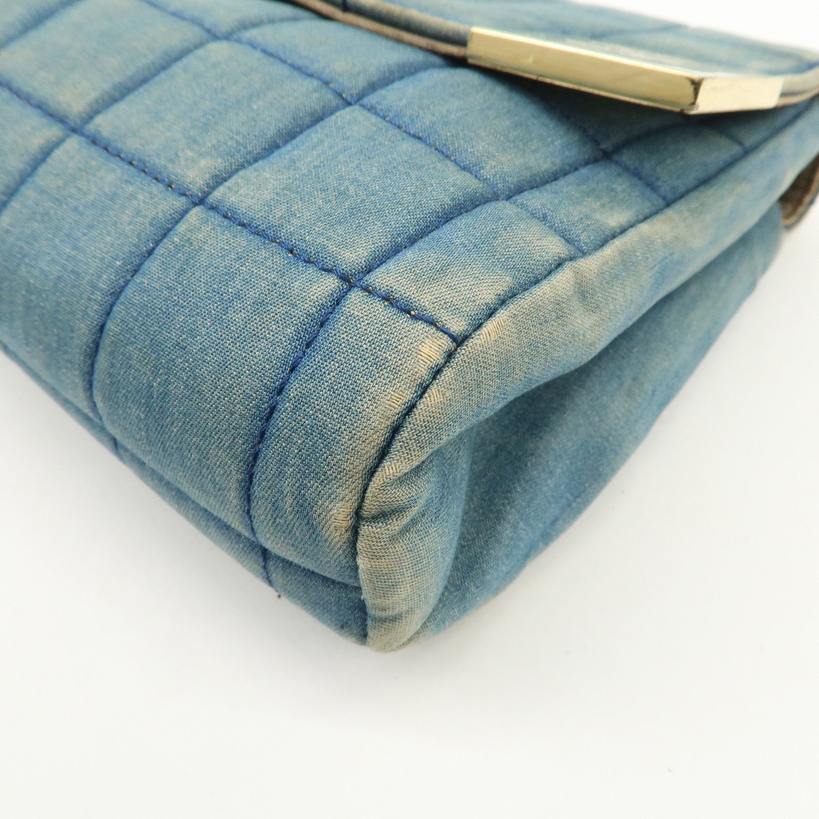 CHANEL COCO Mark Wide Stitch Chocolate Bar Chain Shoulder Bag Blue Gold Used