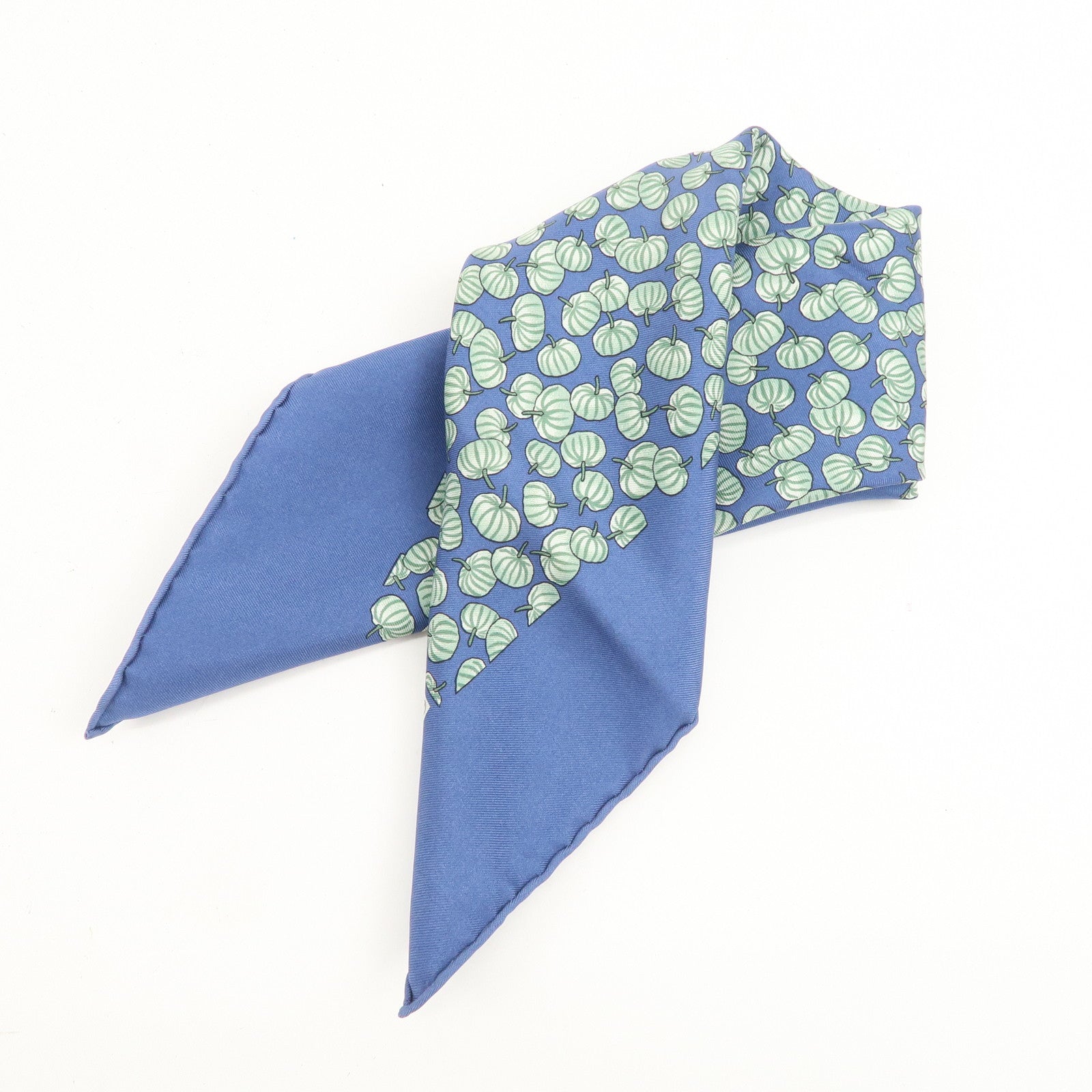 HERMES Logo Silk 100% Scarf 42×42 Pumpkin Blue Green