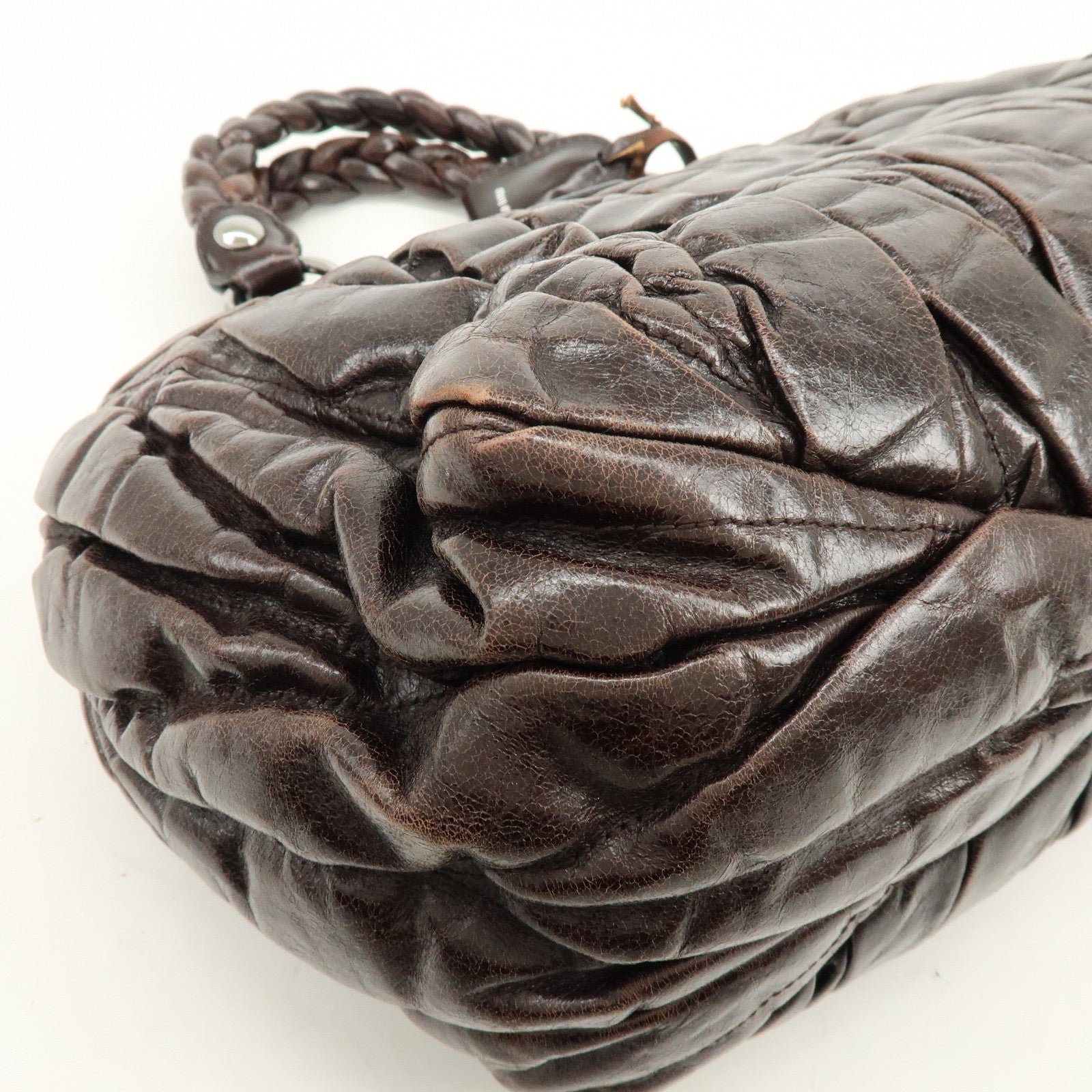 MIU MIU Matelasse Leather 2Way Bag Hand Bag Shoulder Bag Dark Brown