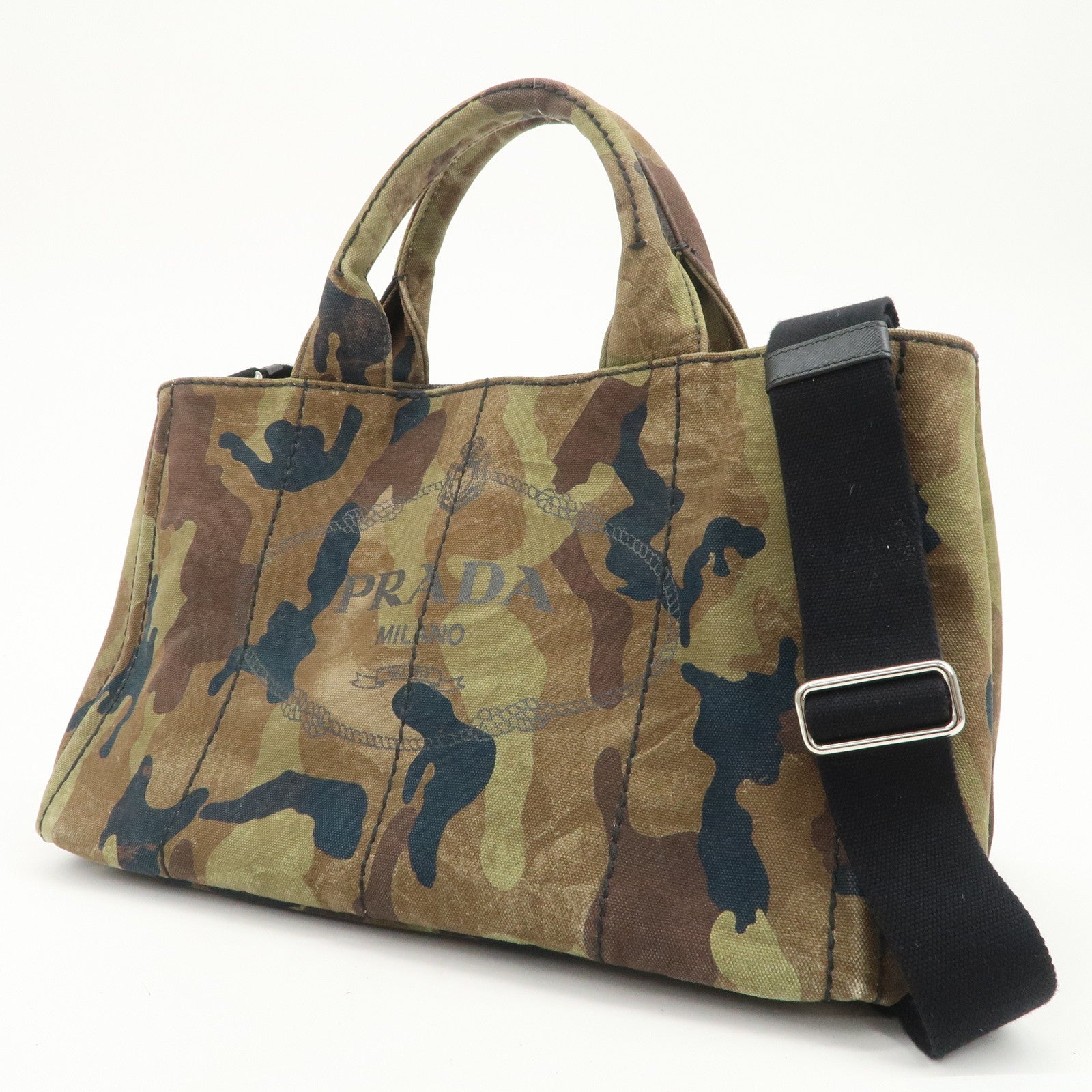 PRADA Logo Canapa Canvas 2Way Hand Bag Camouflage Khaki B2642B