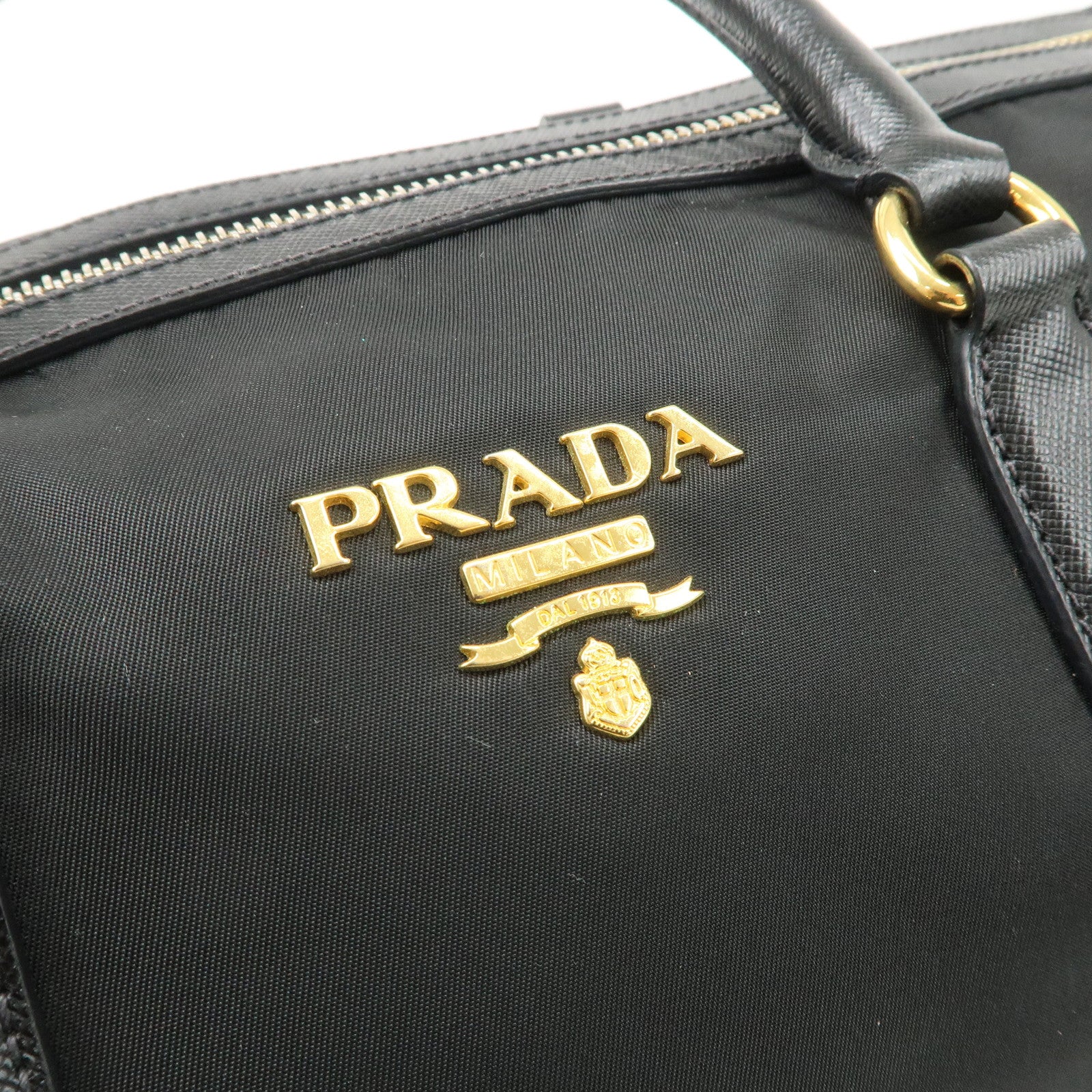 PPRADA Logo Nylon Leather Boston Bag Hand Bag Black Gold HDW Used