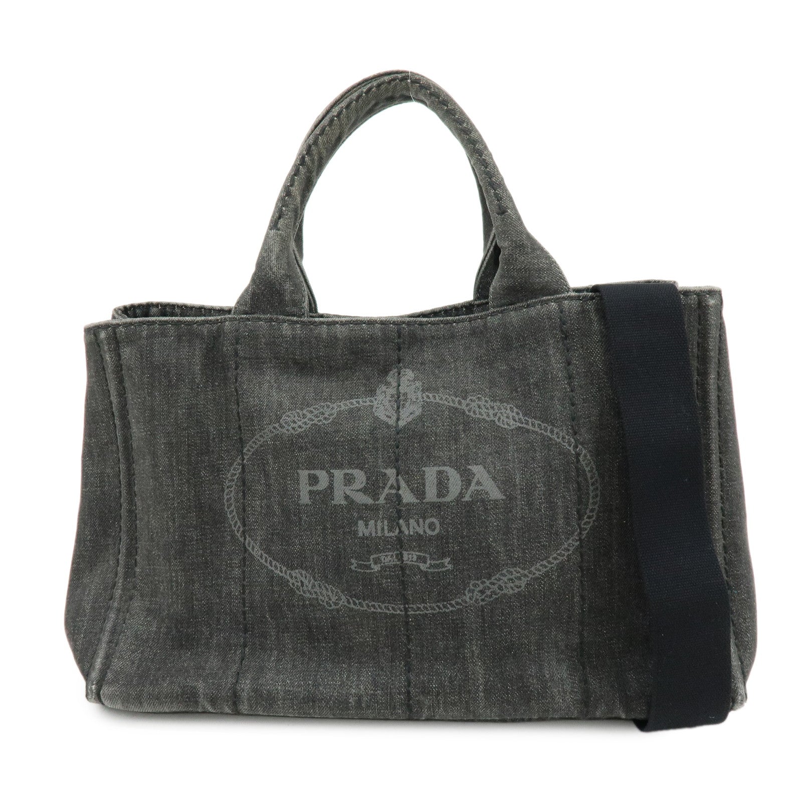 PRADA Canapa Denim Tote Bag Hand Bag Black 1BG642