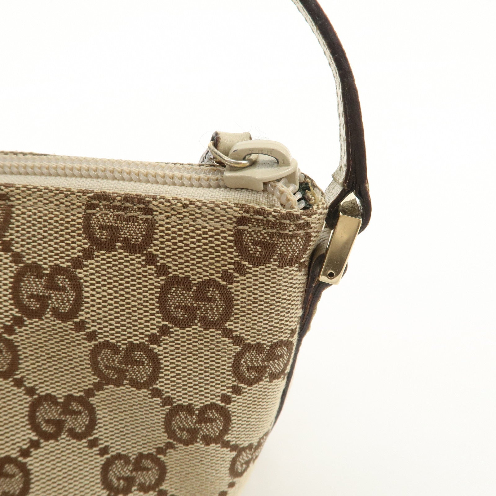 GUCCI Boat Bag GG Canvas Leather Bag Hand Bag Pouch Beige Ivory 07198 Used