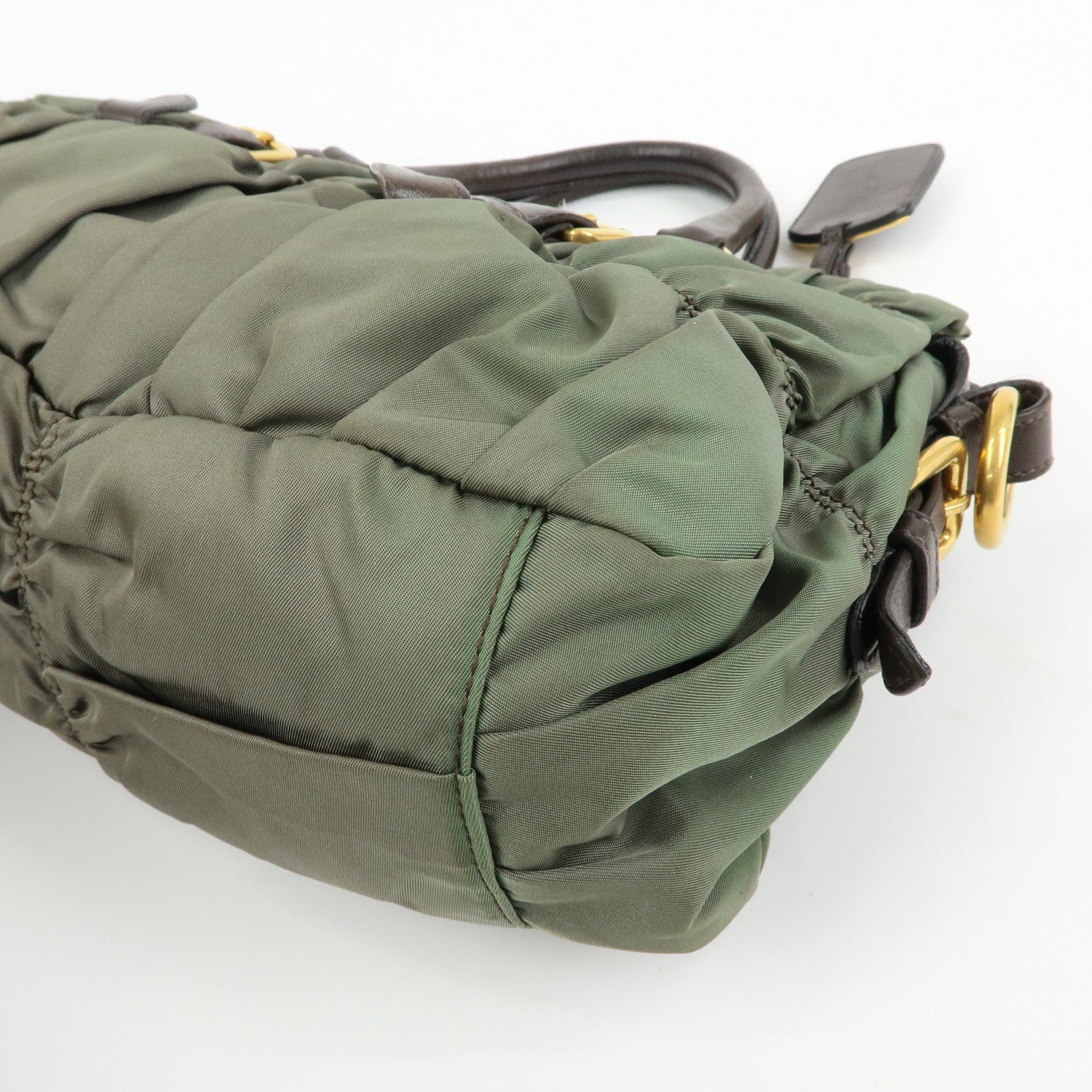 PRADA Nylon Leather Gathered 2Way Bag Hand Bag Khaki BN1407