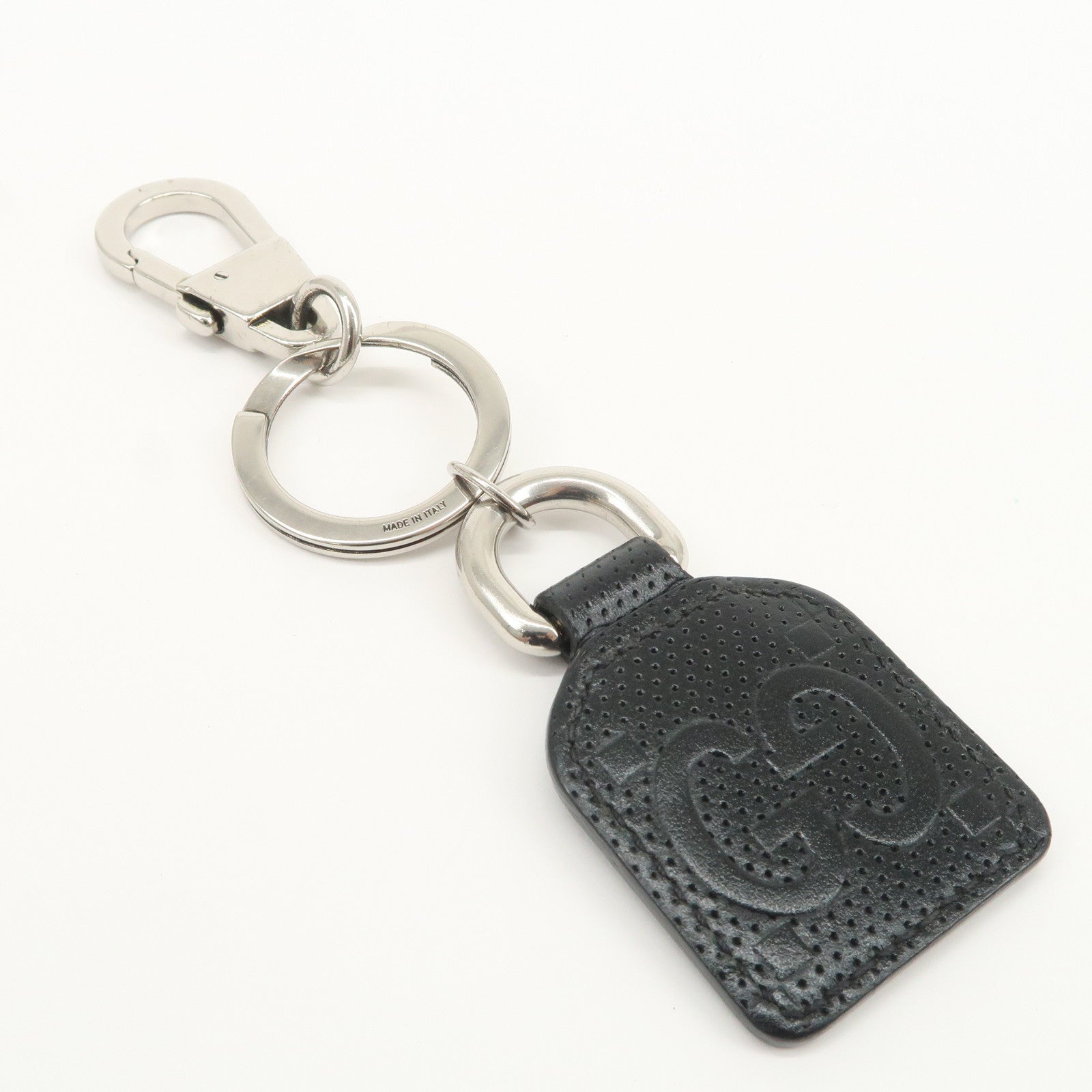 GUCCI GG Embossed Leather Metal Bag Charm Key Chain Black 625607