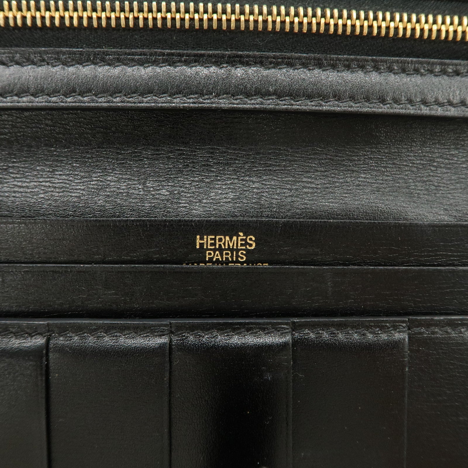 HERMES Bearn Leather Long Wallet H Stamped Black Gold HDW Used