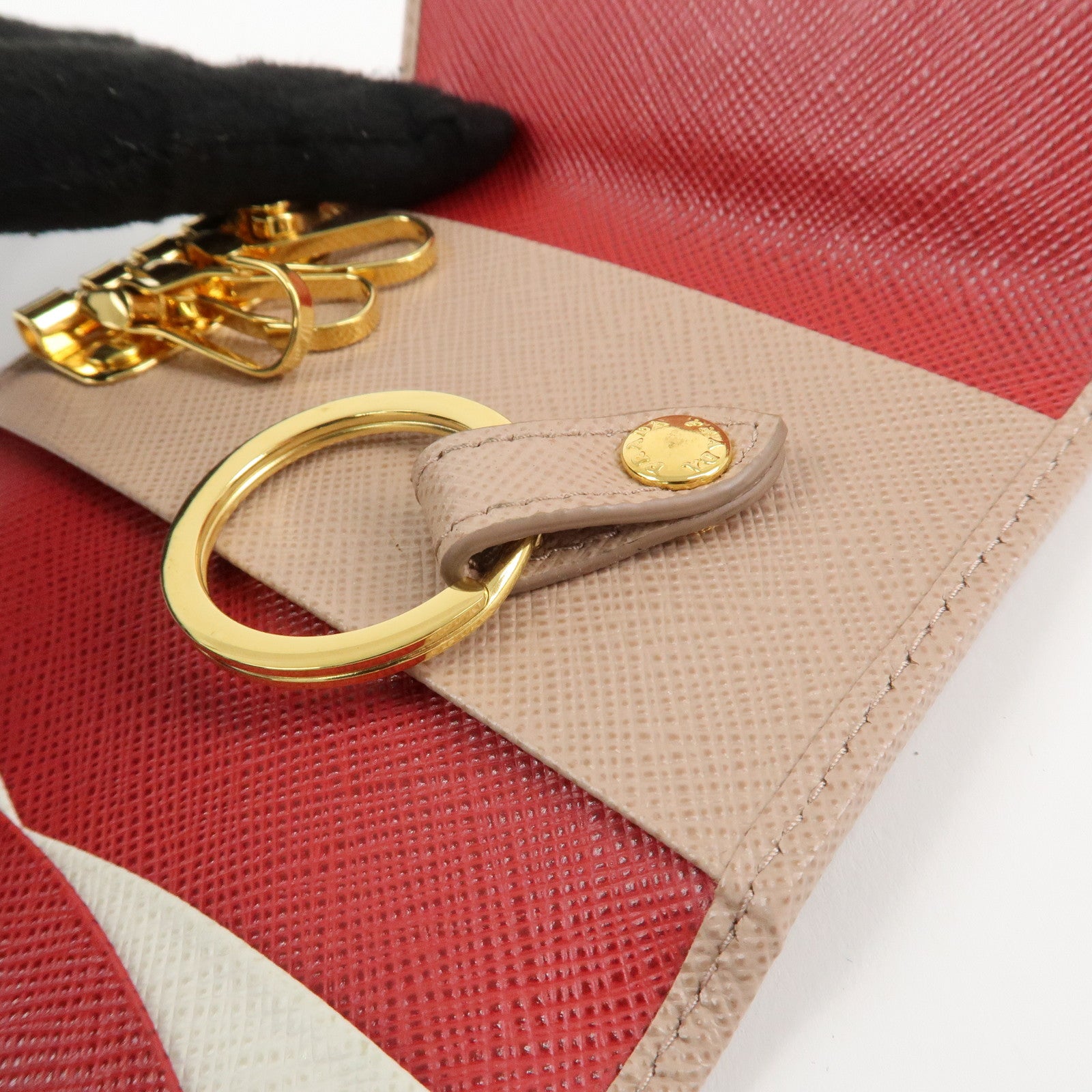 PRADA Logo Leather 4 Rings Key Case Key Holder Beige 1PG004 Used