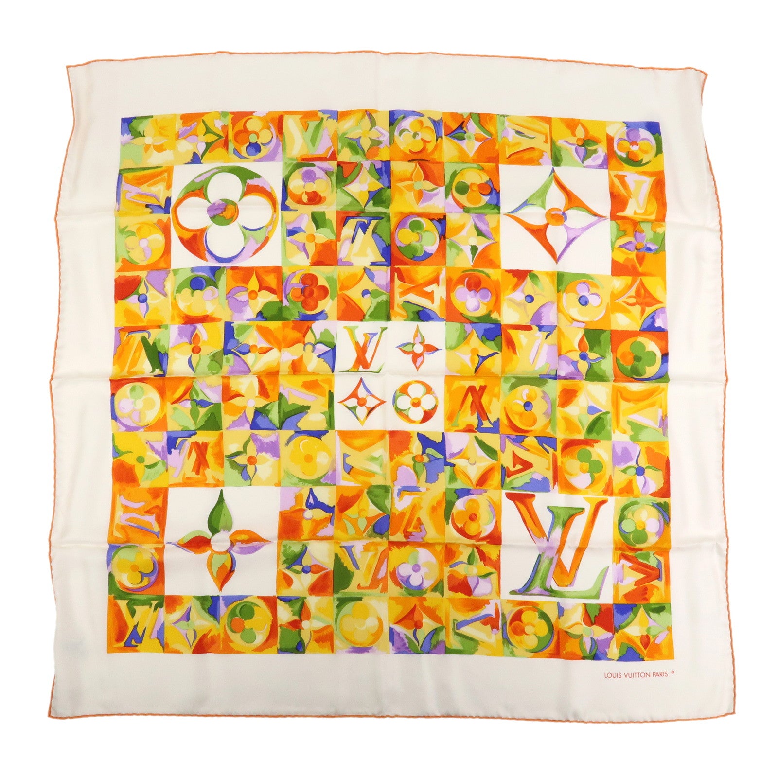 Louis Vuitton Monogram Silk 100% Scarf White Orange Watercolor