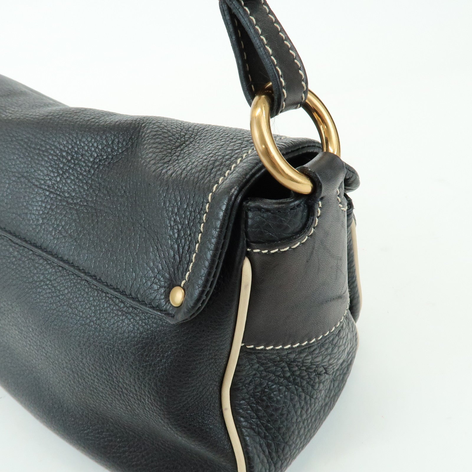 PRADA Logo Leather Stitch Shoulder Bag Hand Bag Black
