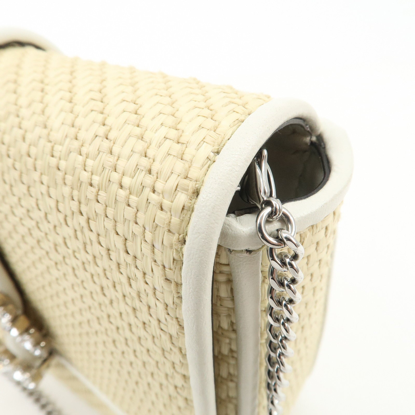 JIMMY CHOO Raffia Leather Mini Chain Shoulder Bag Beige Ivory