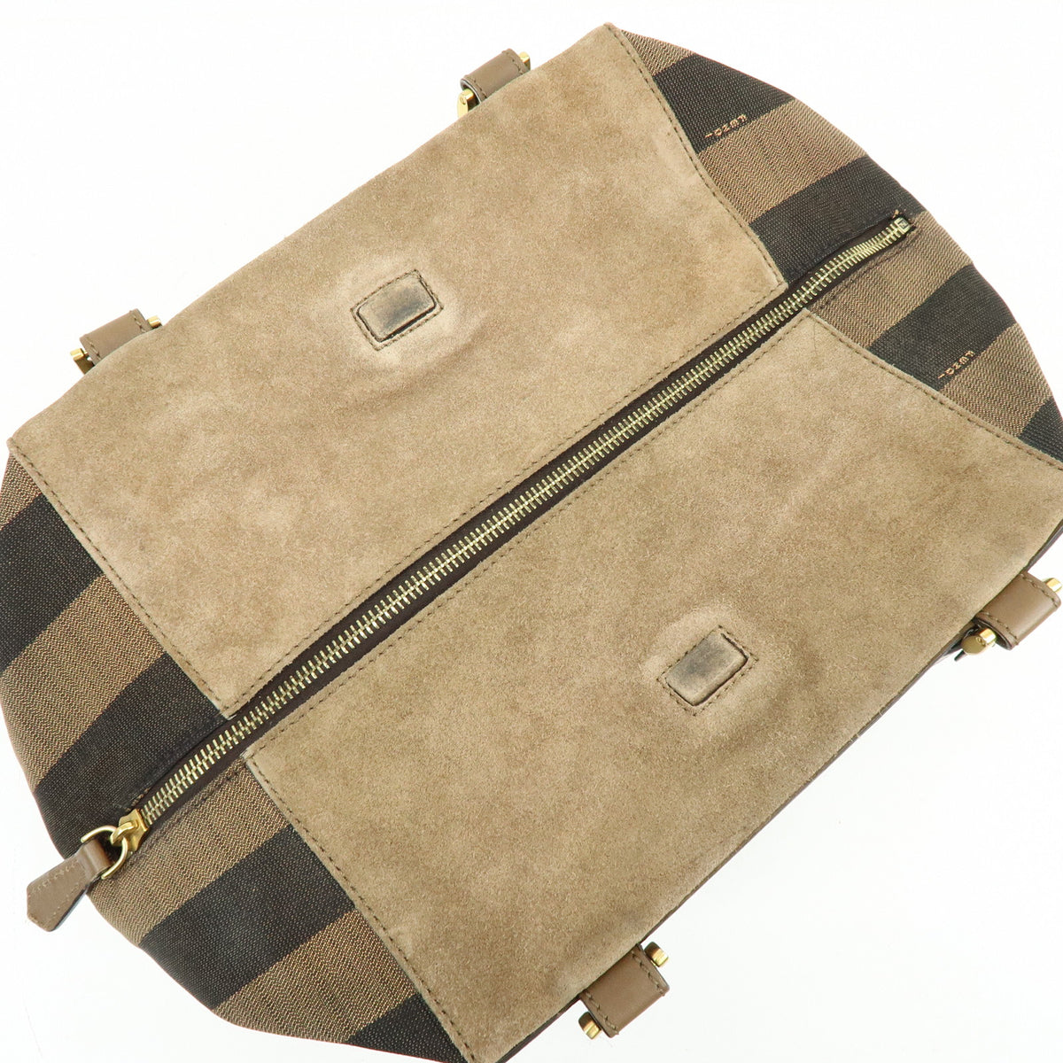 FENDI Pequin Leather Canvas Suede Tote Bag Hand Bag Brown 8BN251